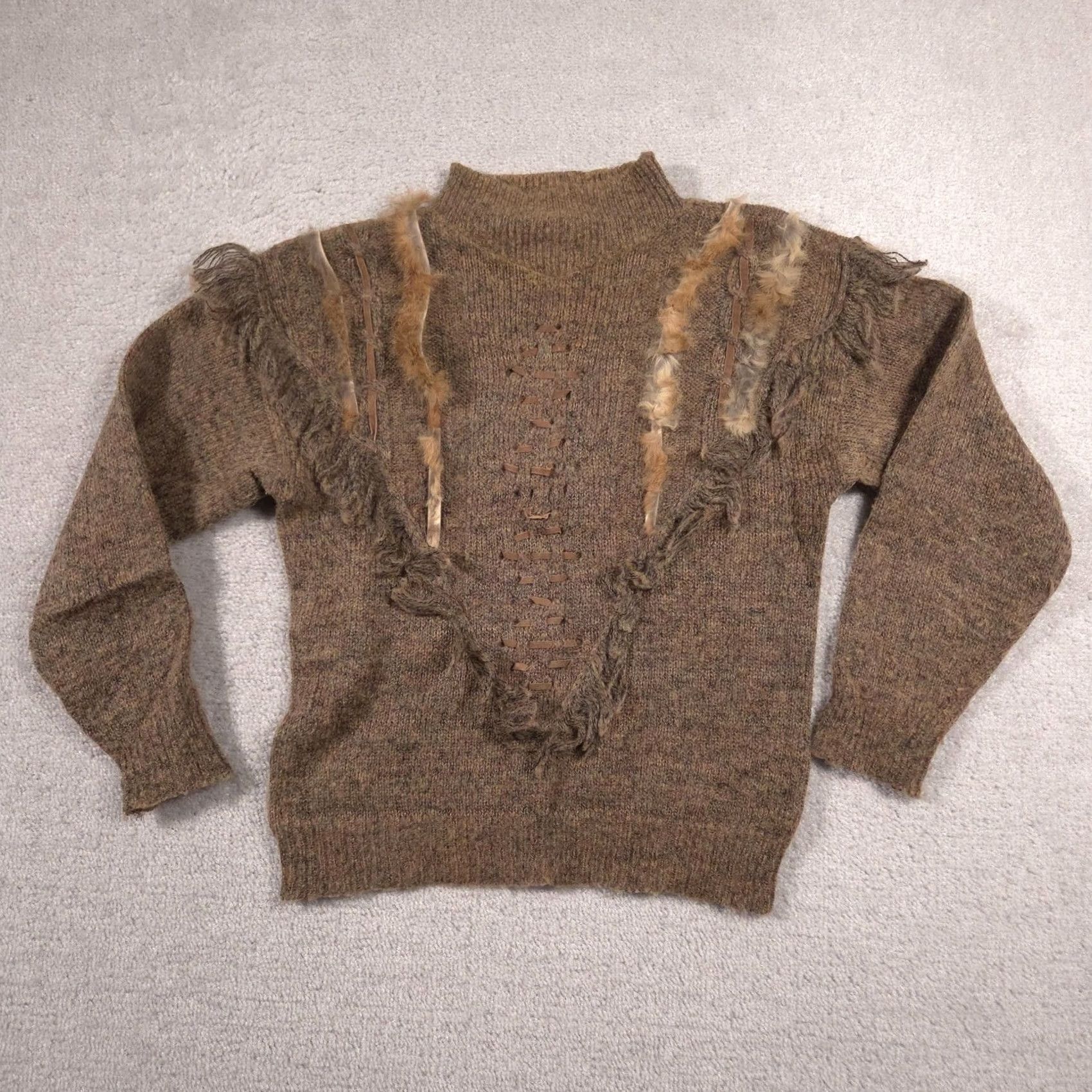 Vintage VINTAGE Gitano Sweater Womens Large Brown Mock Neck Fringe Fur Trim Boho Knit Size L / US 10 / IT 46 - 2 Thumbnail