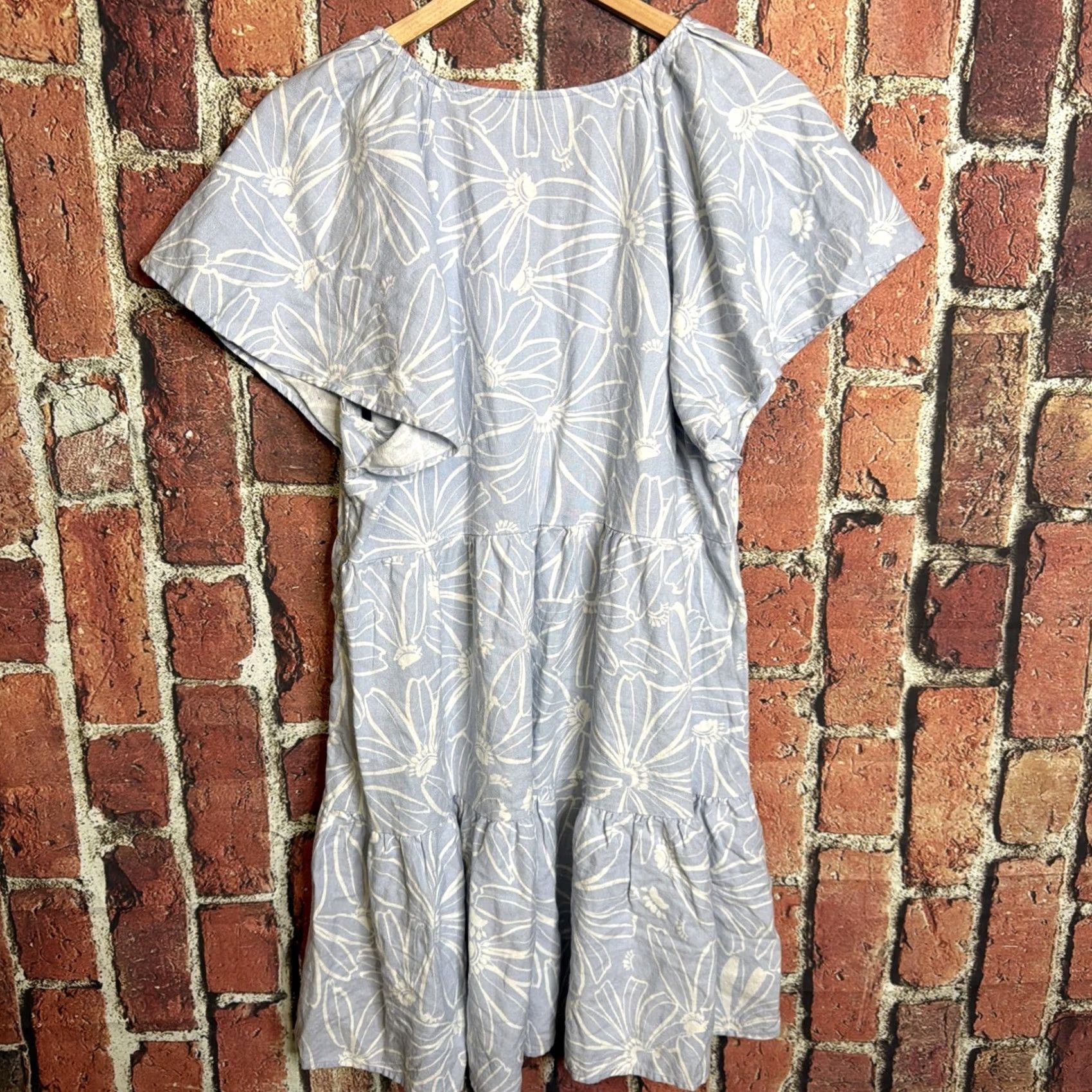 Vintage Universal Thread Women’s Dress 2XL Linen Rayon Cotton Flutter Sleeve Ruffle Floral Blue V-Neck Above Knee A-Line Casual Travel Spring Summer Size XXL / US 16-18 / IT 52-54 - 3 Thumbnail