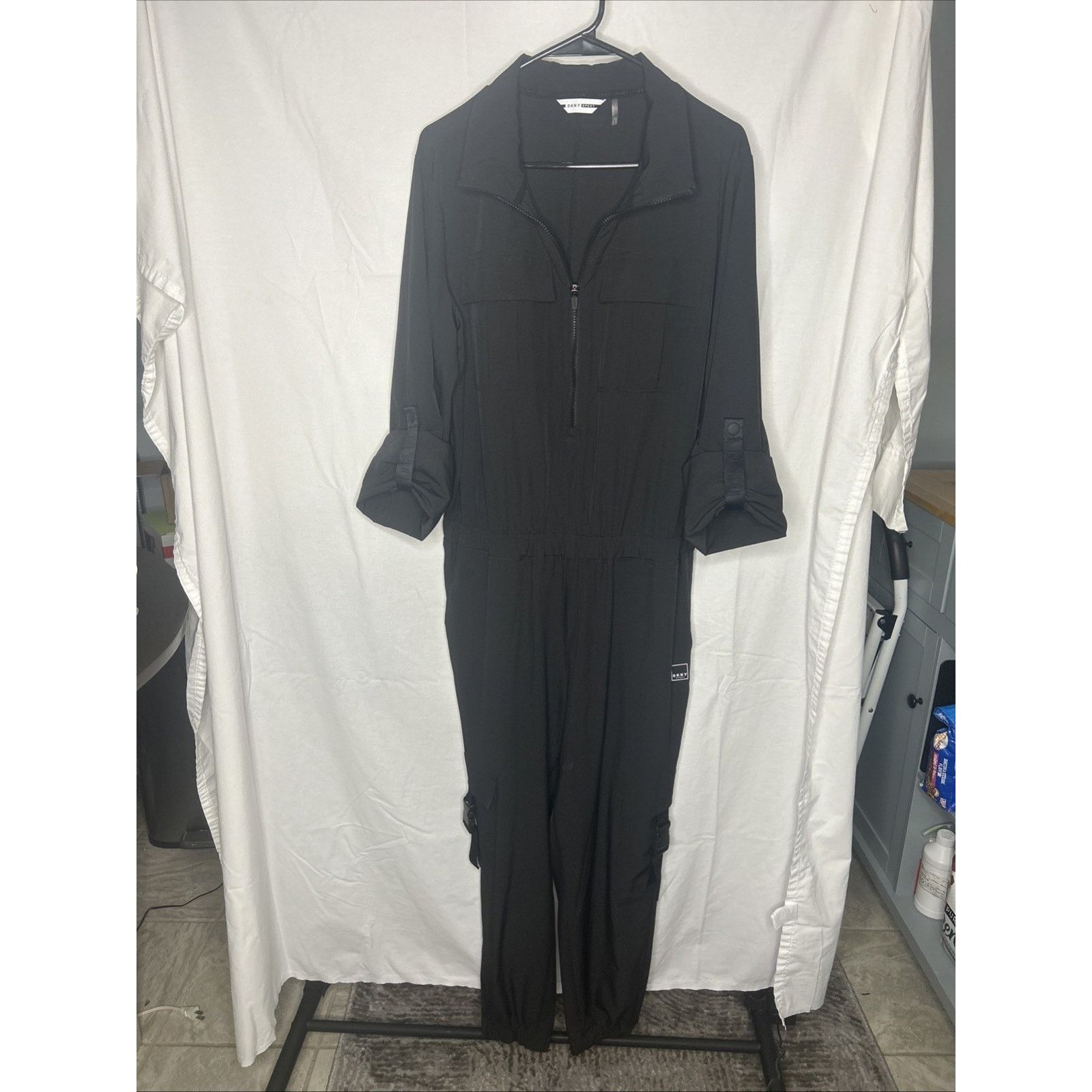 DKNY DKNY Black Utility Cargo Jumpsuit Womans L Tab Sleeve Travel Size 29" - 18 Thumbnail