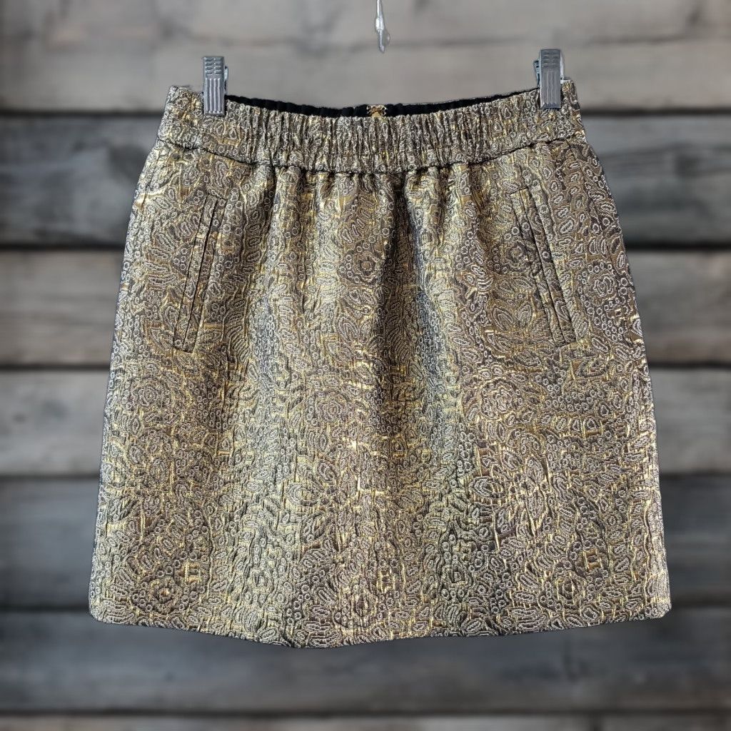 Loft Ann Taylor LOFT Womens Skirt Sz Small Gold Jacquard Elastic Waist Cotton Blend A-Line Short Size 28" / US 6 / IT 42 - 1 Thumbnail