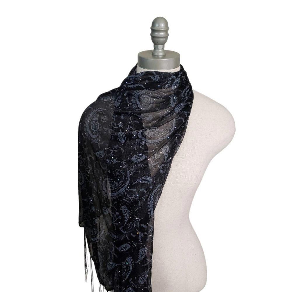 Designer CT867 Black Sequined Fringed Neck Scarf NWT Size ONE SIZE - 3 Thumbnail