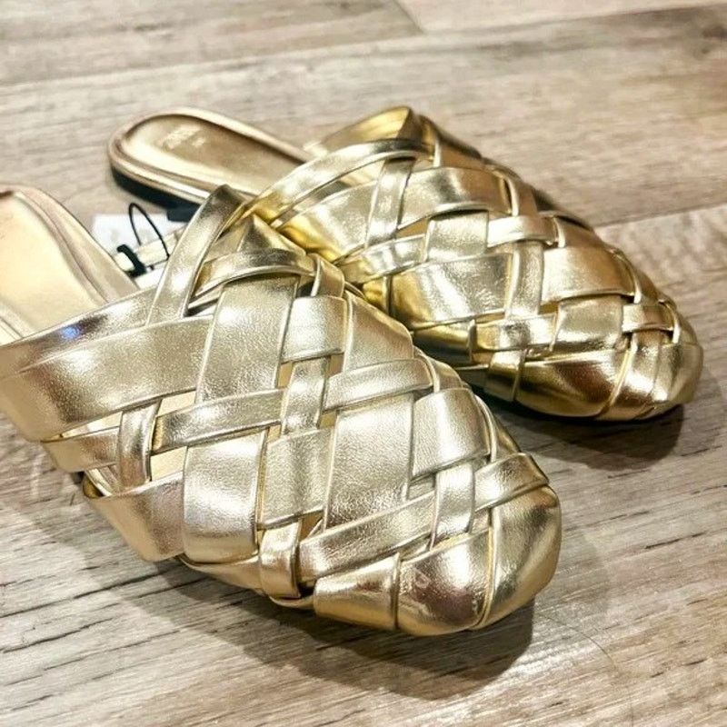 Zara ZARA Gold Woven Metallic Flat Mules NWT Size US 7.5 / IT 37.5 - 15 Thumbnail