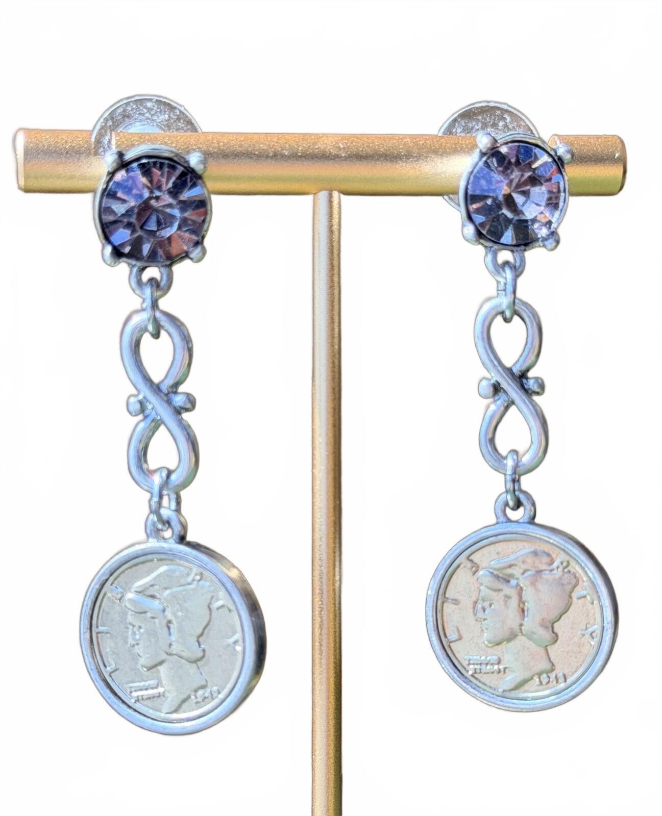 Other Y2K Mercury Dime Coin Drop Earrings Purple Rhinestone Size ONE SIZE - 1 Thumbnail
