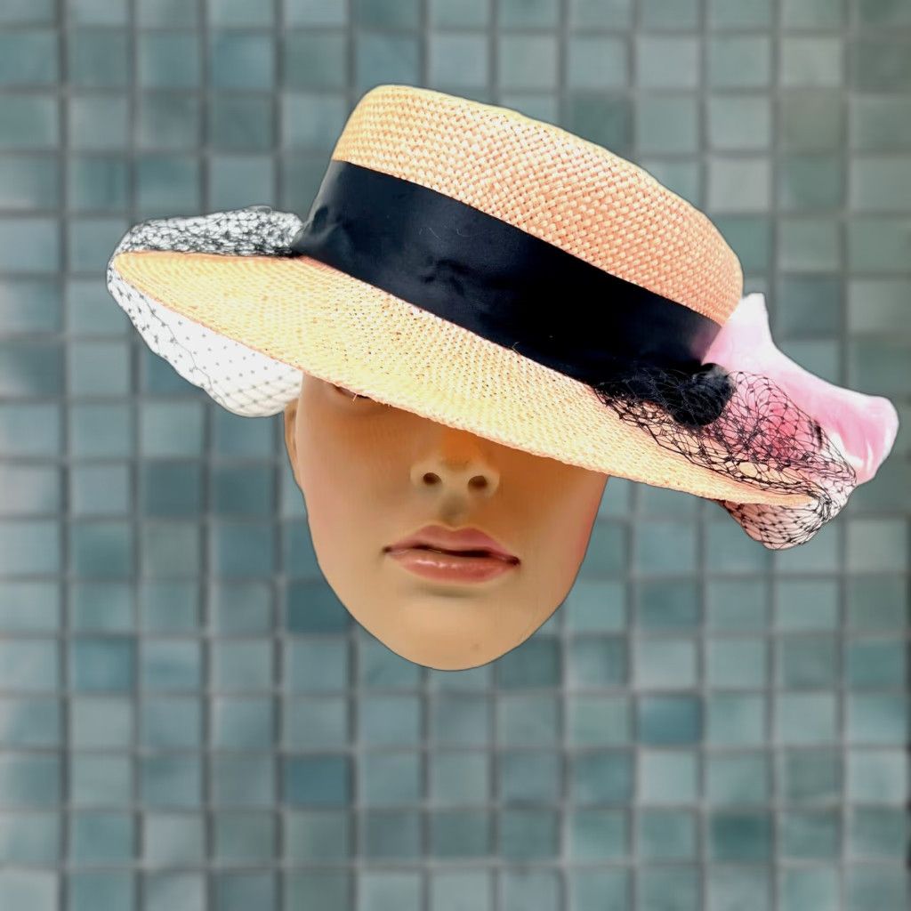 Vintage VINTAGE Miss Bierner Straw Wide Brim Sun Hat 1960s Art Deco Pink Summer Casual Women Size ONE SIZE - 1 Thumbnail