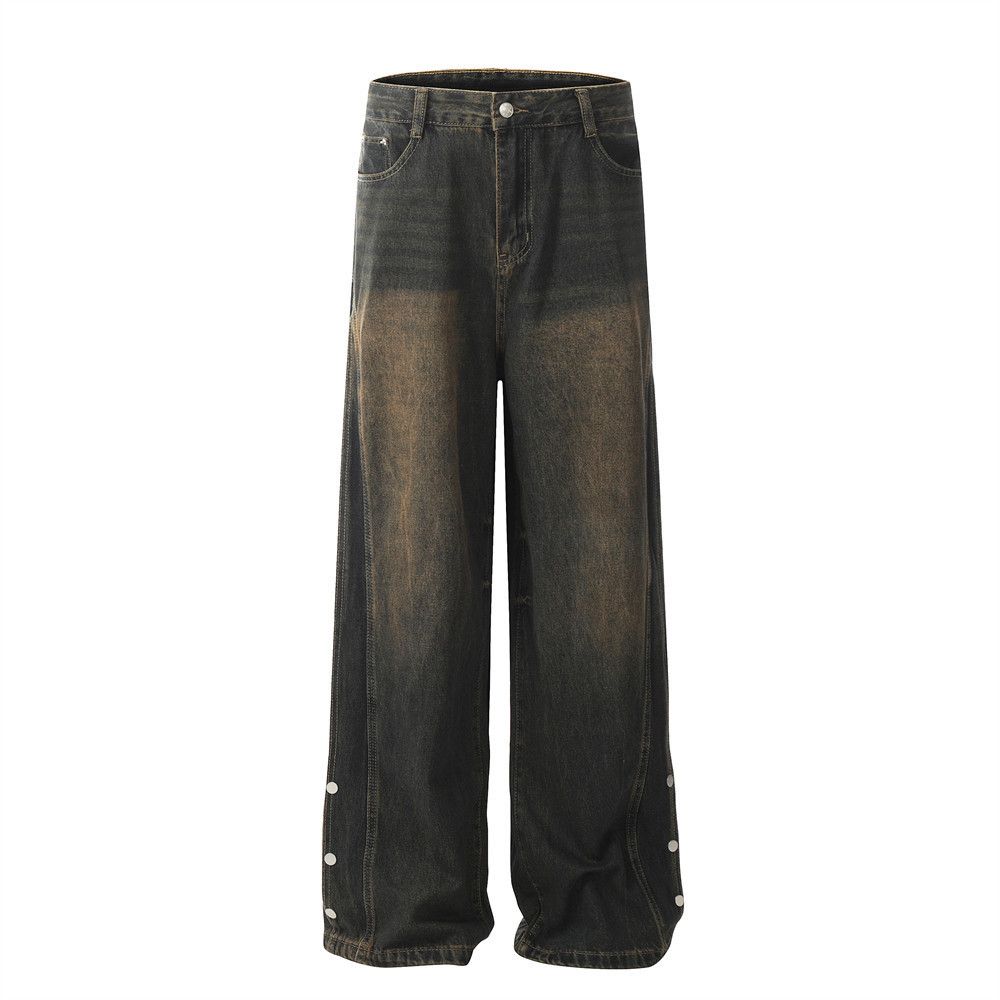 Men's distressed washed jeans with split side panels