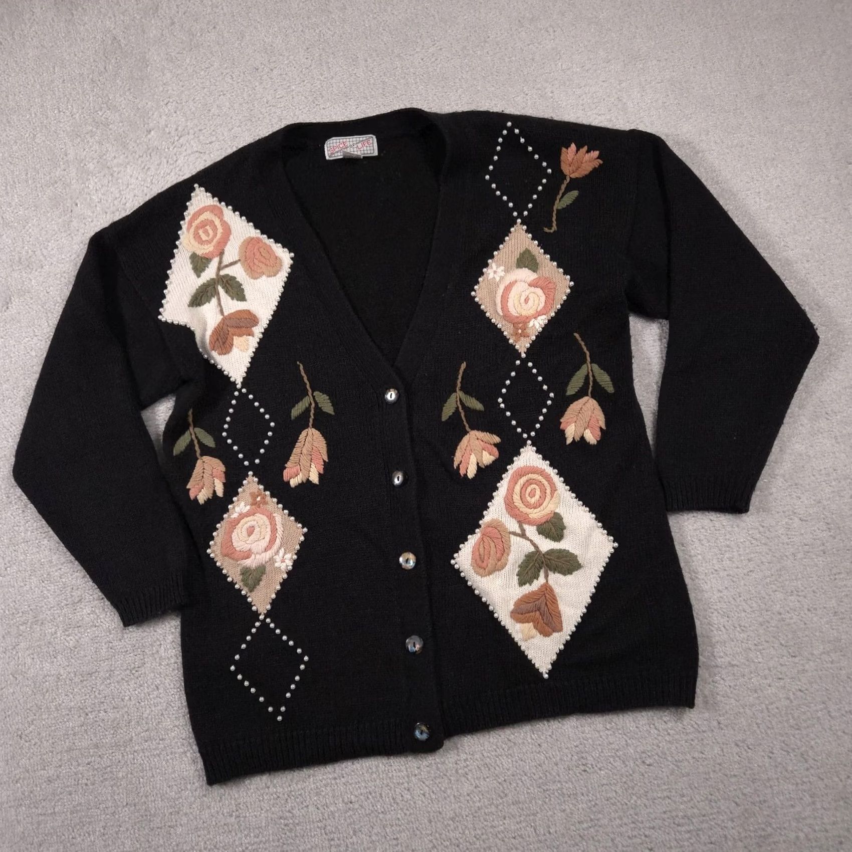 Vintage VINTAGE Spice of Life Cardigan Womens Medium Black Floral Pearl 90s Sweater Size M / US 6-8 / IT 42-44 - 2 Thumbnail
