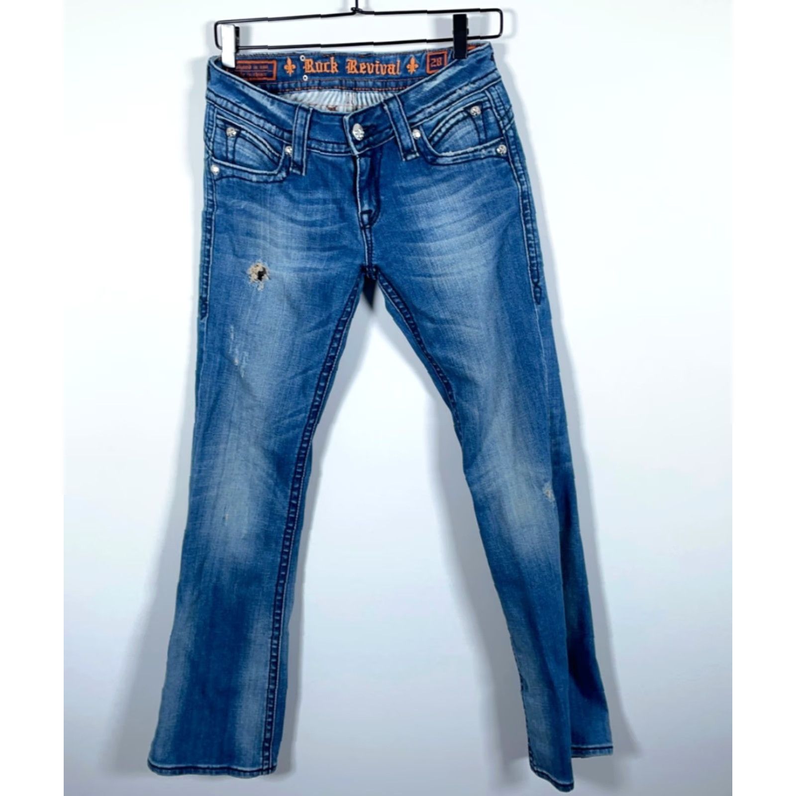 Vintage Rock Revival Patti Boot Cut Jeans Women's 28 Dark Blue Denim Stretch Flap Pocket 5-Pocket Design Regular Inseam 30"} Size 28" / US 6 / IT 42 - 2 Thumbnail