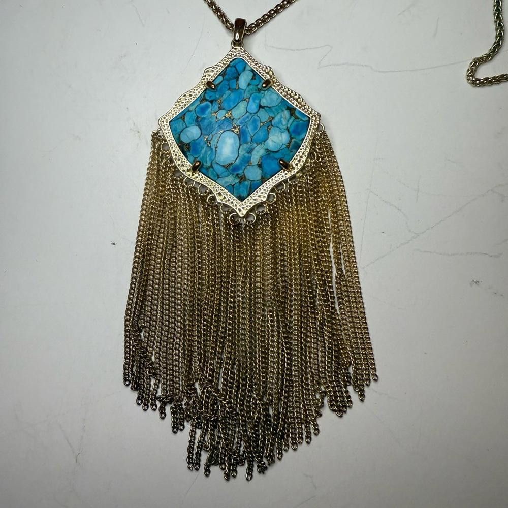Designer Kendra Scott Kingston Bronze Vein Turquoise Fringe Necklace Size ONE SIZE - 4 Thumbnail