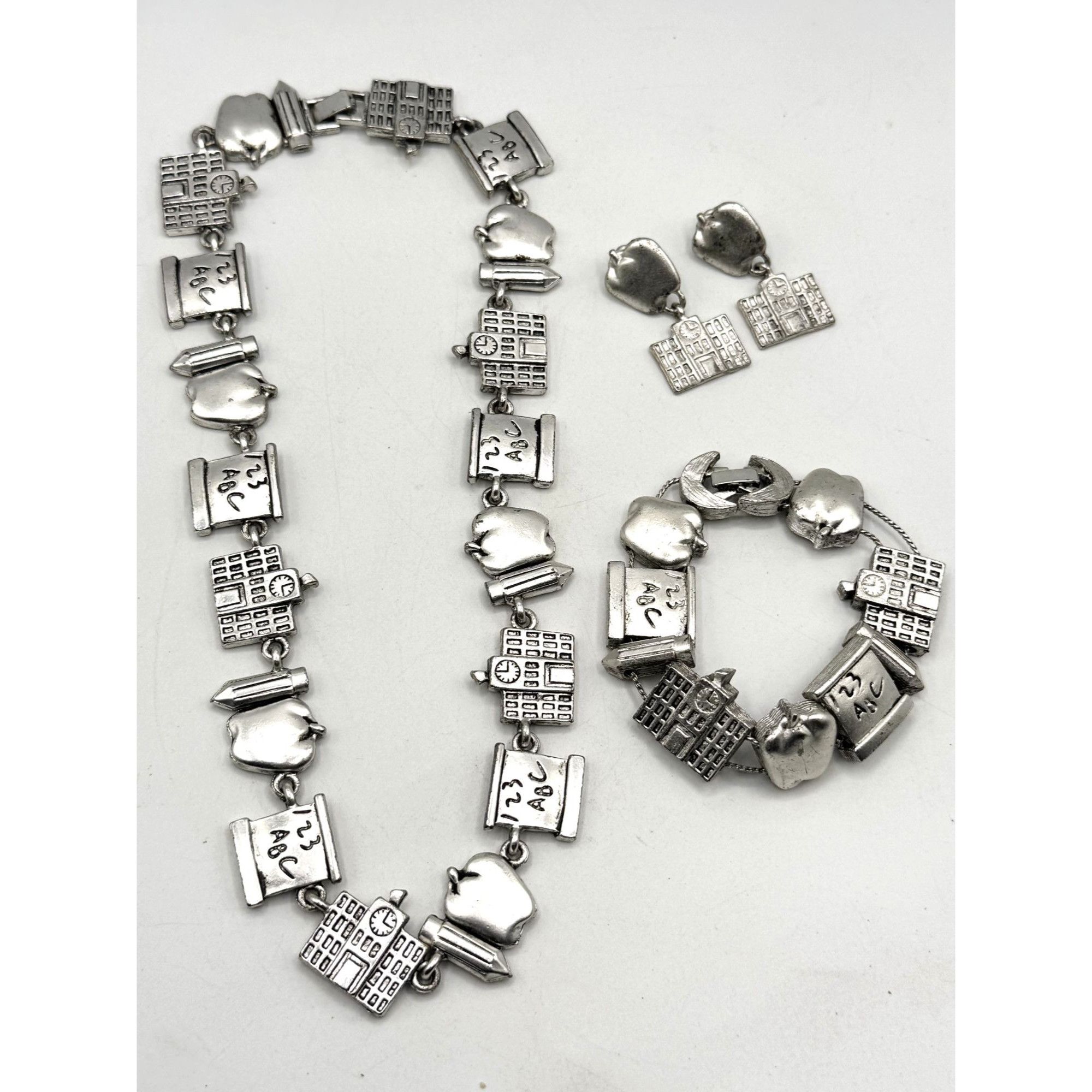 Vintage School teacher Apple Pencil silver charm necklace bracelet & Size ONE SIZE - 1 Thumbnail