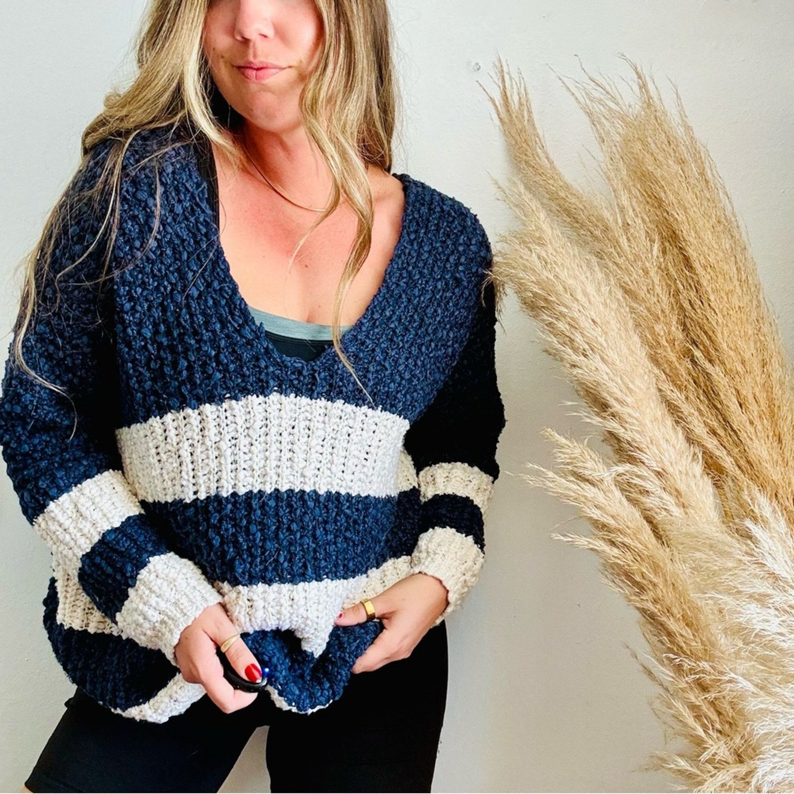 Nordstrom WISHLIST Navy Blue White Stripe Bold Chunky Pullover Sweater Size M / US 6-8 / IT 42-44 - 12 Thumbnail