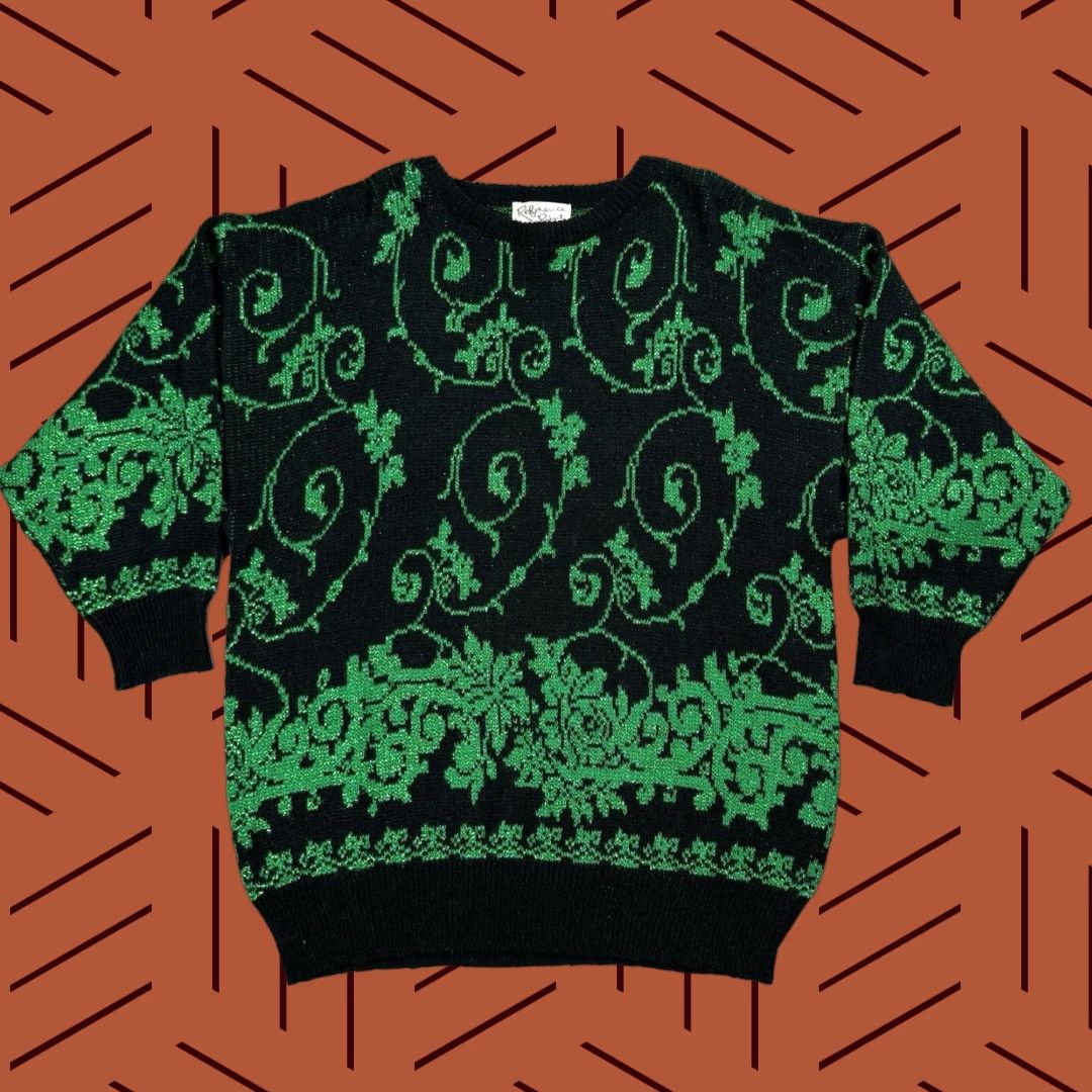 Vintage VINTAGE Reference Point Sweater Dress Women Long Medium Black and Green Floral Grapevine Ivy Metallic Thread Knit Crew Neck Size M / US 6-8 / IT 42-44 - 1 Thumbnail