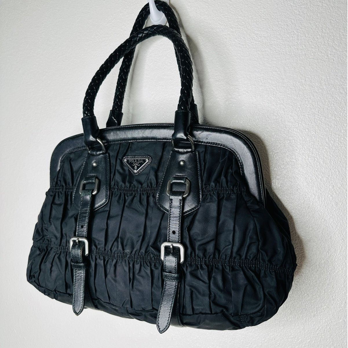 Prada Prada Vintage 90s Black Nylon Leather Buckle Braided Handle Size ONE SIZE - 2 Thumbnail