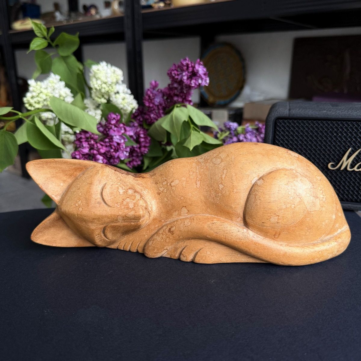 Vintage Vintage Hand Carved Solid Wood Sleeping Cat Figurine 27cm Size ONE SIZE - 10 Thumbnail
