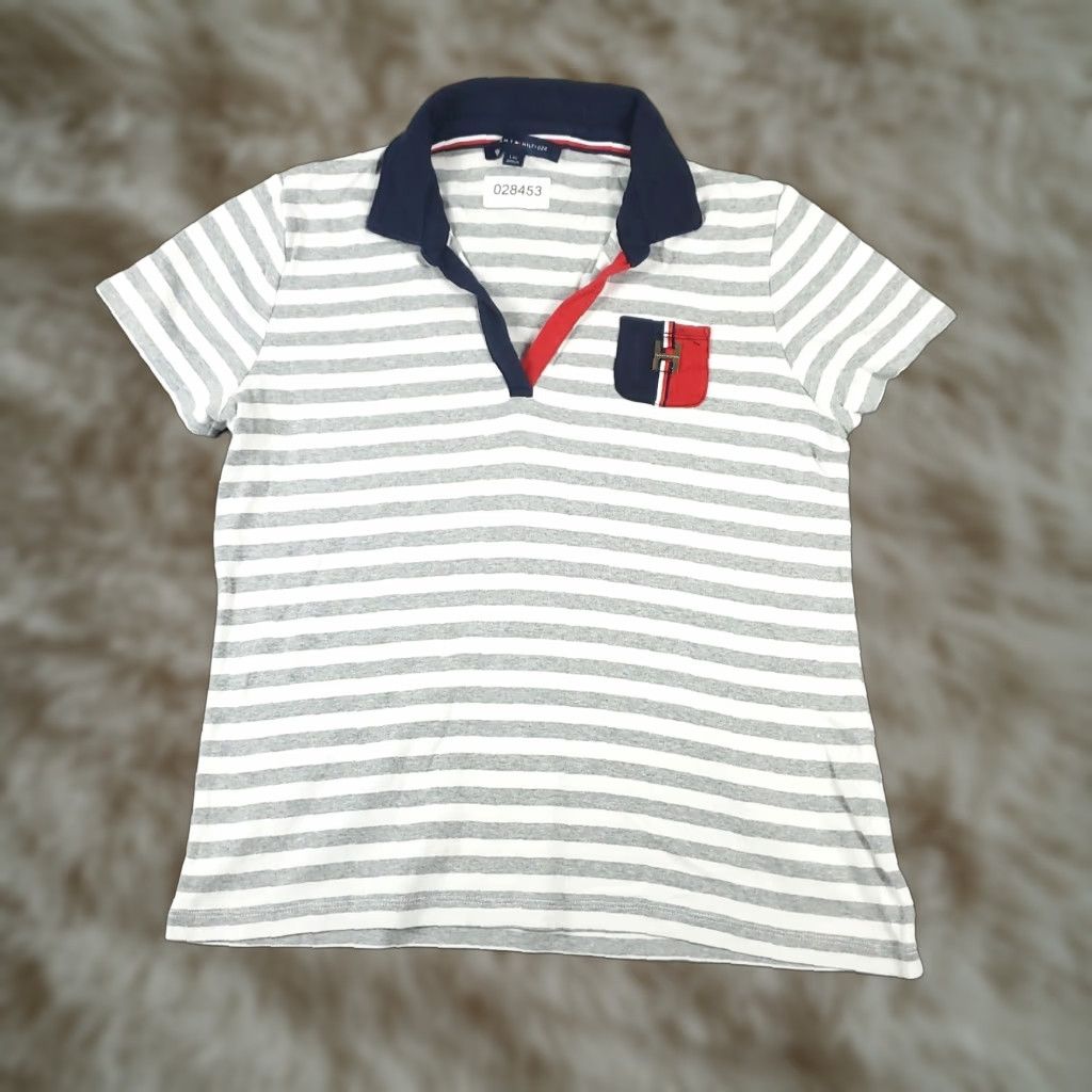 Tommy Hilfiger VINTAGE Tommy Hilfiger Polo Shirt Womens Large Gray Striped Short Sleeve Collared Classic Sports Size L / US 10 / IT 46 - 1 Thumbnail