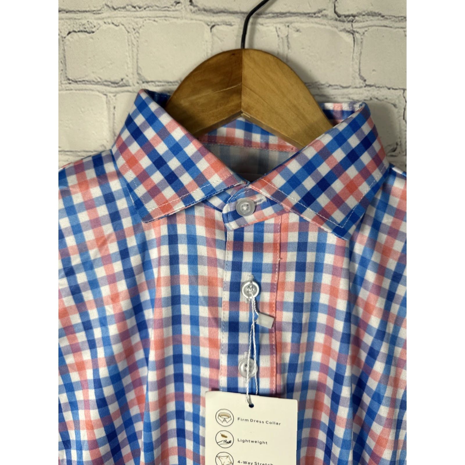 Vintage Collars & Co Dress Polo Shirt Gingham Short Sleeve Blue Pink Small Men Regular Size 36R - 2 Thumbnail