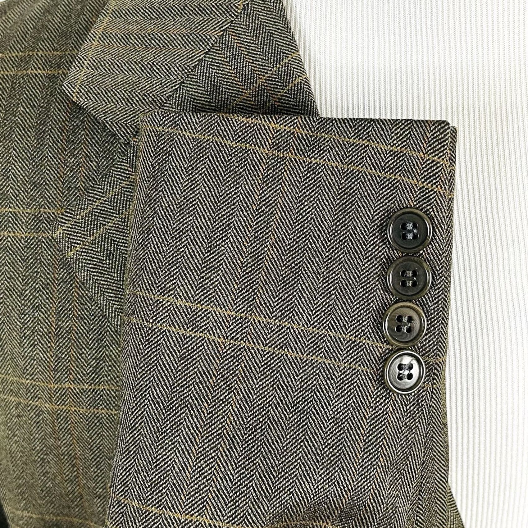 Faconnable Façonnable Sport Coat 48L Green Herringbone Plaid Three Button Wool Italy Mens Size US XS / EU 42 / 0 - 5 Thumbnail