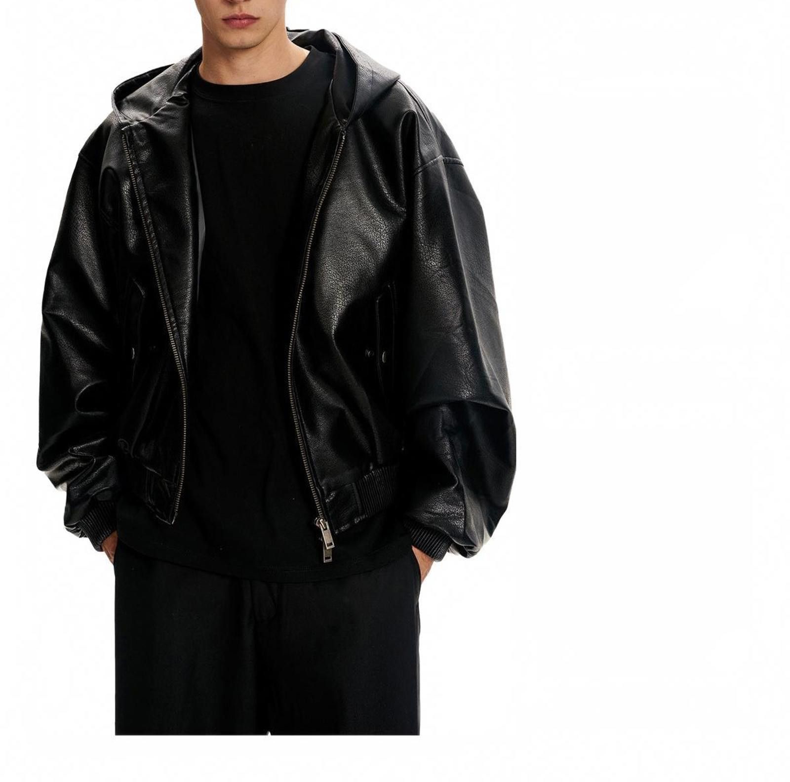 Japanese Brand Black Oversized Leather Hooded Jacket, Men's Outerwear Size US L / EU 52-54 / 3 - 2 Thumbnail