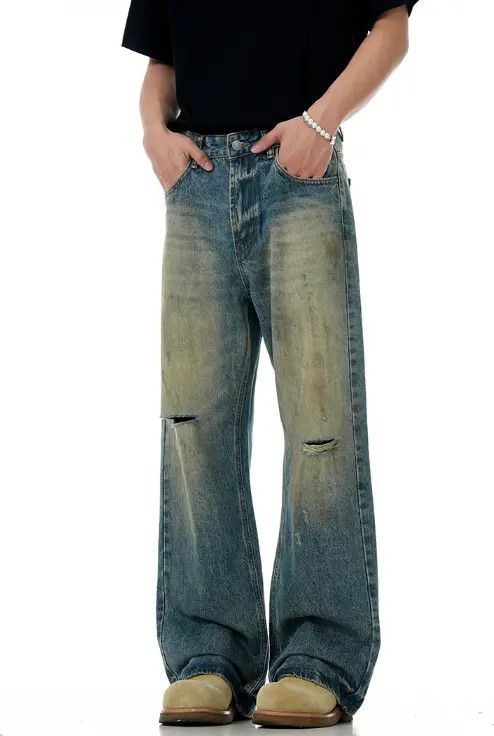 Japanese Brand Men's loose all-match straight wide-leg ripped jeans Size US 34 / EU 50 - 1 Thumbnail