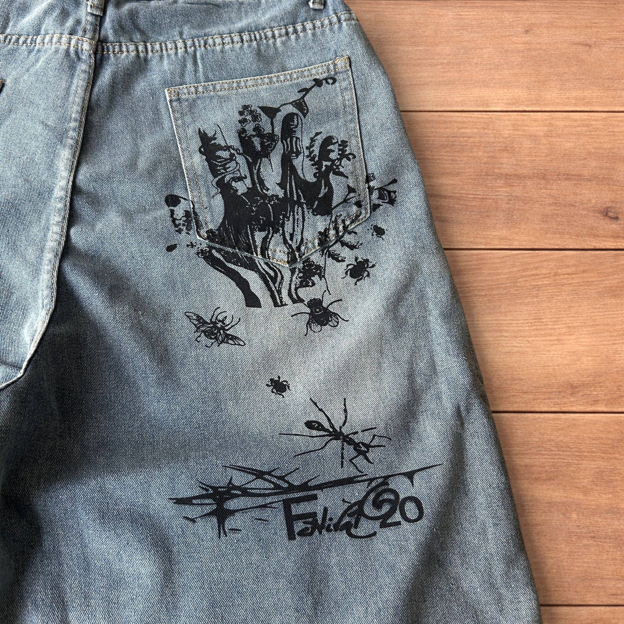 Japanese Brand Baggy wide leg denim shorts jorts w. graphic in light blue. Size US 36 / EU 52 - 4 Thumbnail