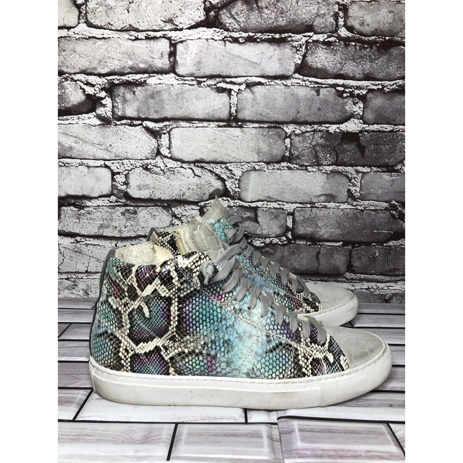 P448 P448 Blue Leather Snake Lace Up Casual Side Zip High Top Sne Size US 8.5 / IT 38.5 - 3 Thumbnail