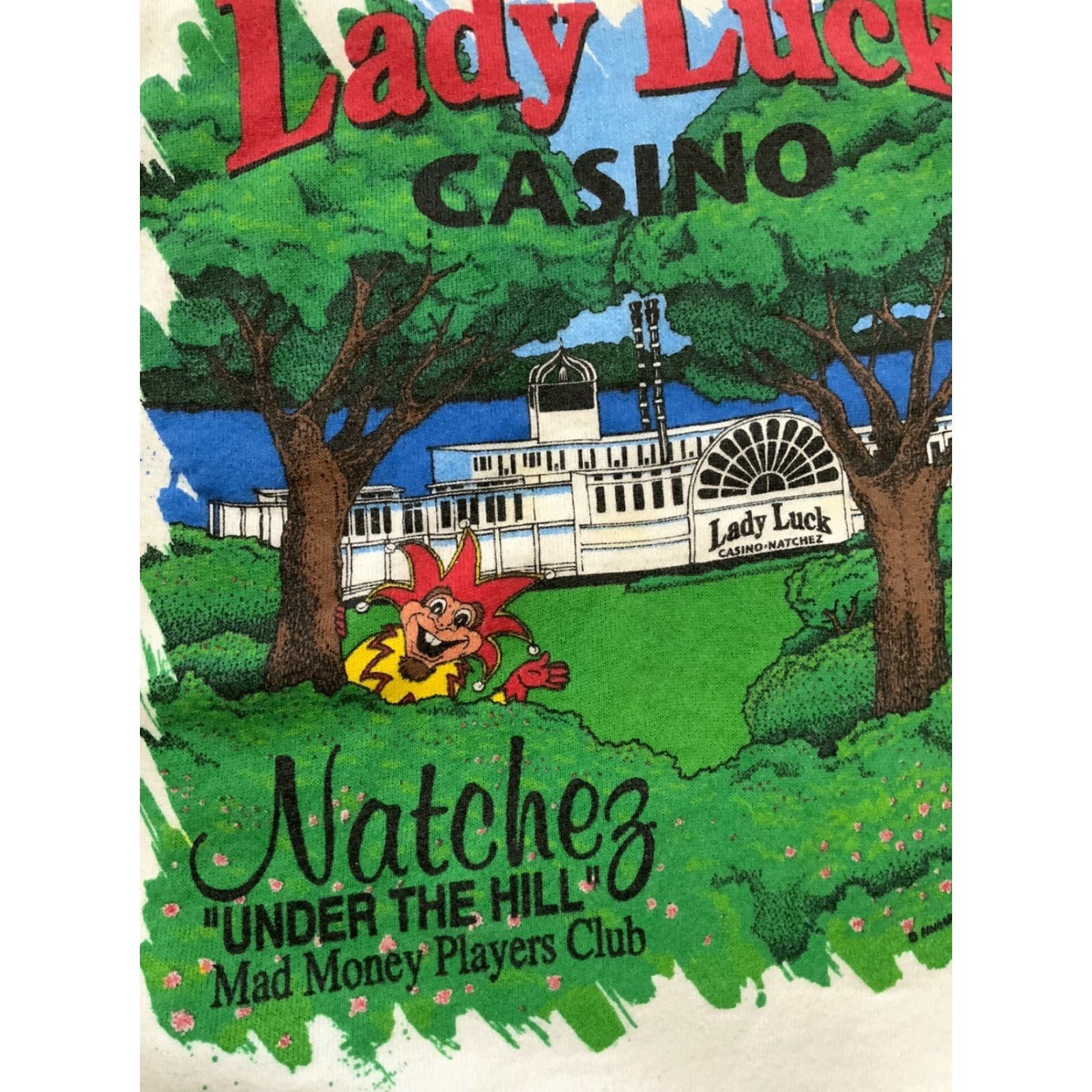 Fruit Of The Loom VINTAGE Fruit Of The Loom Lady Luck Casino Natchez Mad Money Players Club Sweatshirt 2XL White Pullover Mens Size US XXL / EU 58 / 5 - 5 Thumbnail
