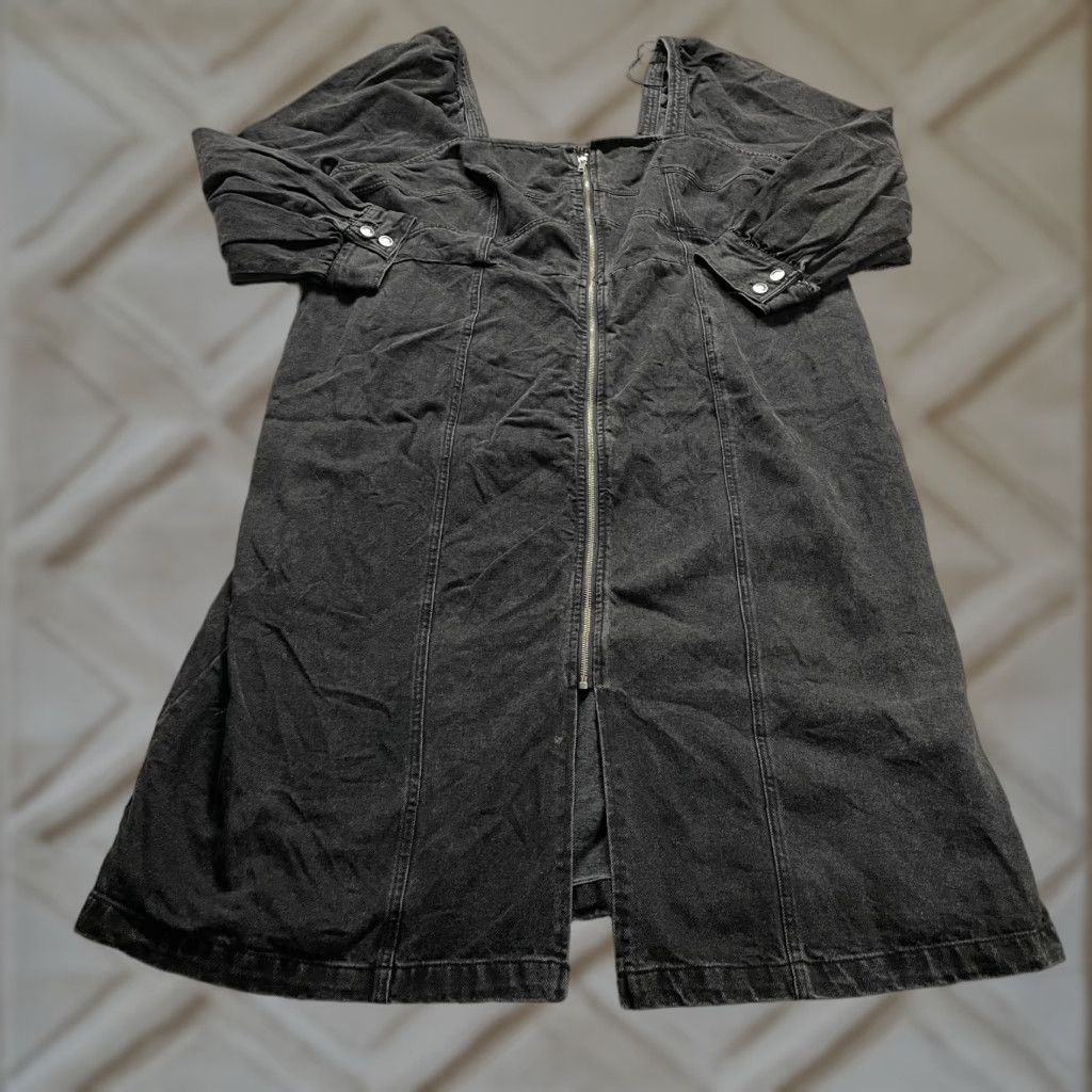 Denime Kahlana Barfield Brown Denim Shift Dress Womens 24W-26W Black Full Zip Smocked Midi Puff Sleeve Size 4XL / US 24-26 - 1 Thumbnail