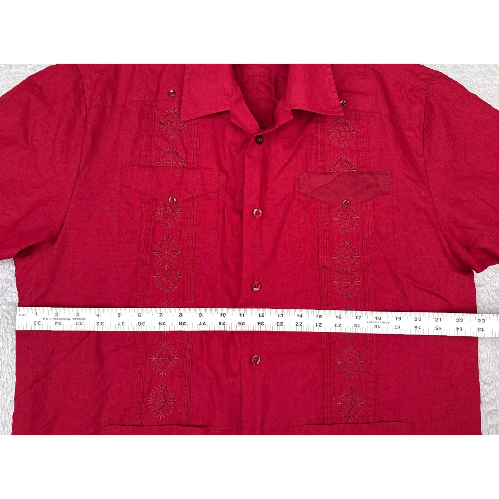 CO Havanera Guayabera Shirt Men Large Red Button Up 4 Pocket Poly Blend READ Size US L / EU 52-54 / 3 - 7 Thumbnail