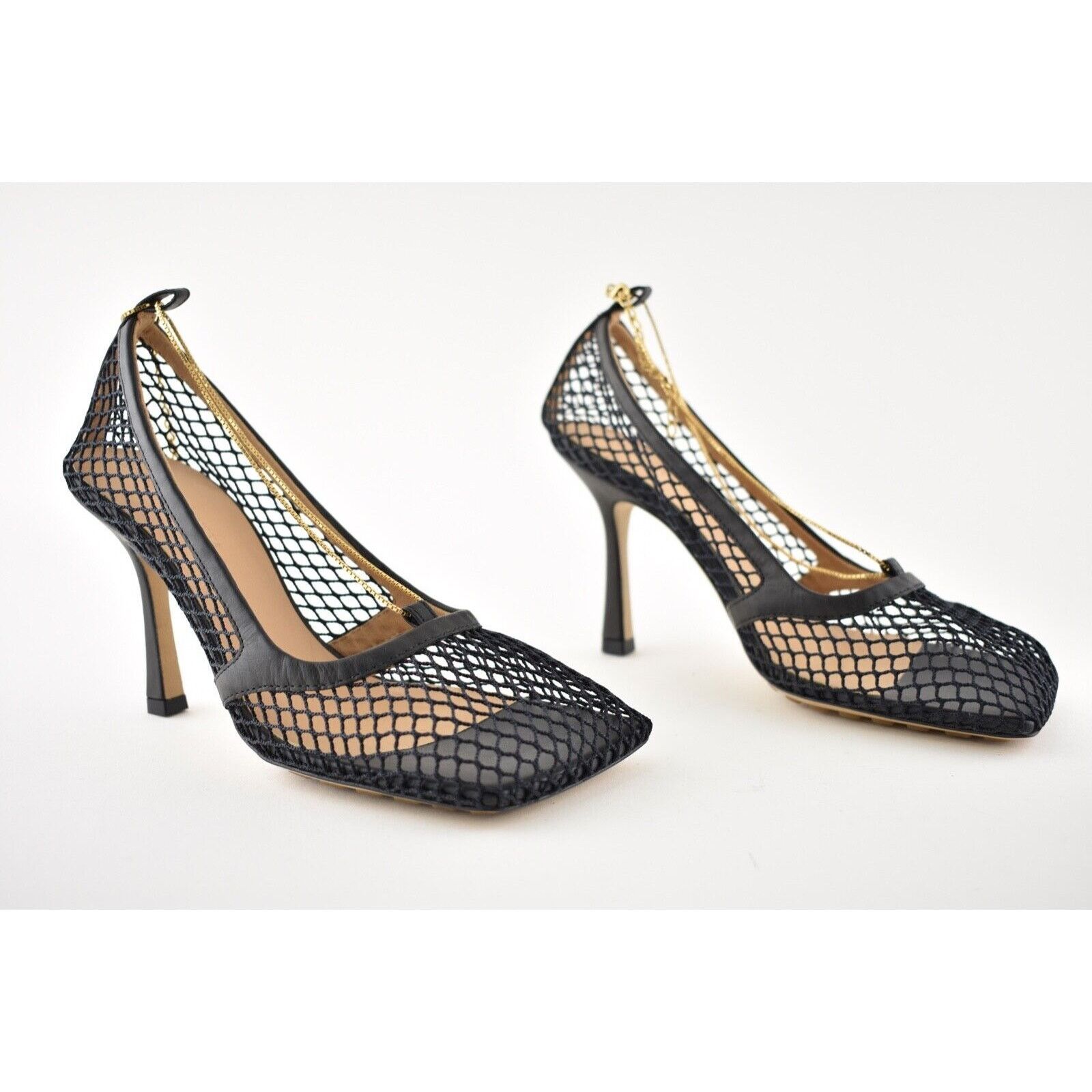 Bottega Veneta Net Mesh Leather Square Toe Gold Chain Sandal Heel Pump 41 Size US 11 / IT 41 - 5 Thumbnail