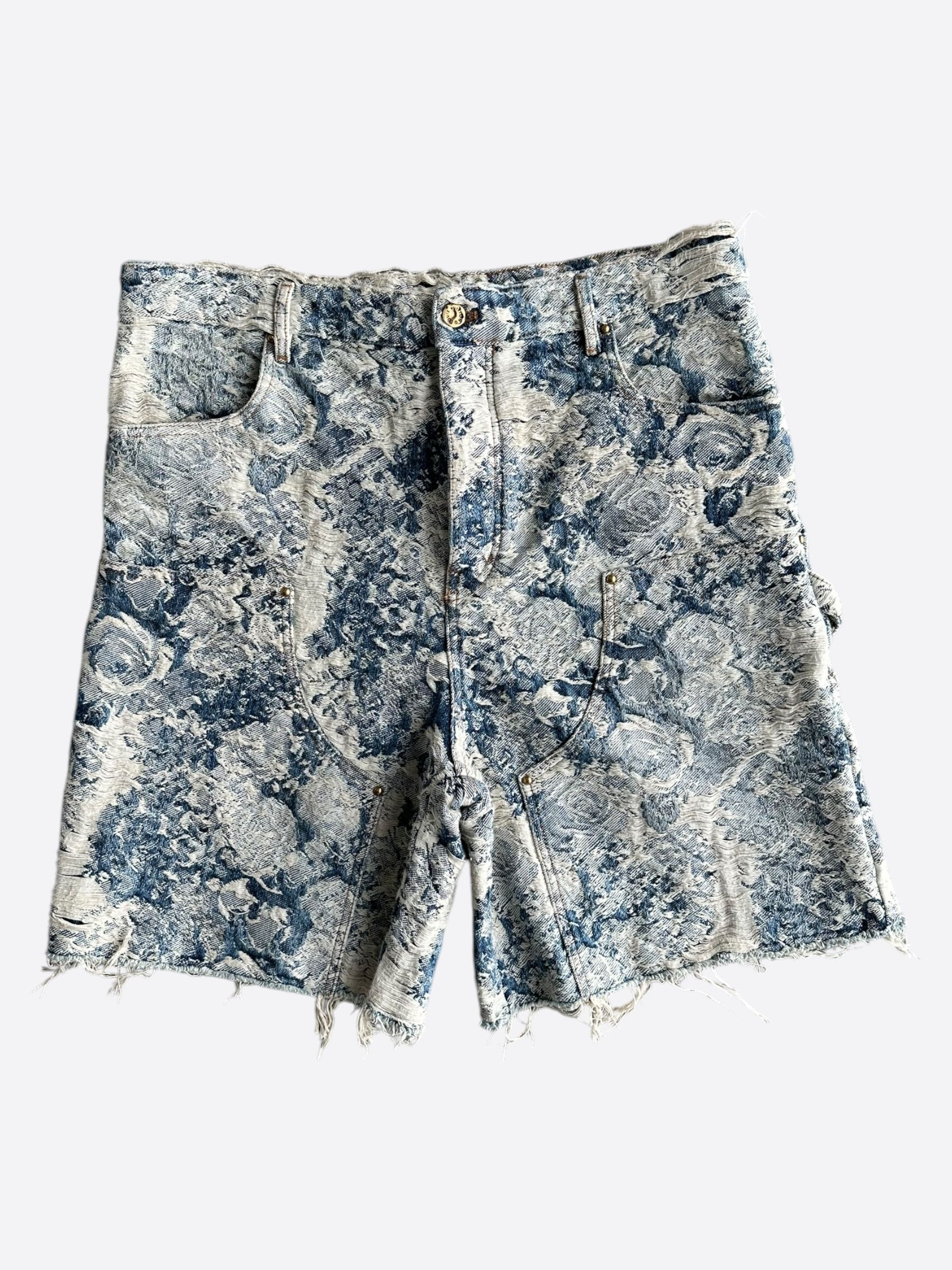 Blue & White Floral Distressed Carpenter Shorts