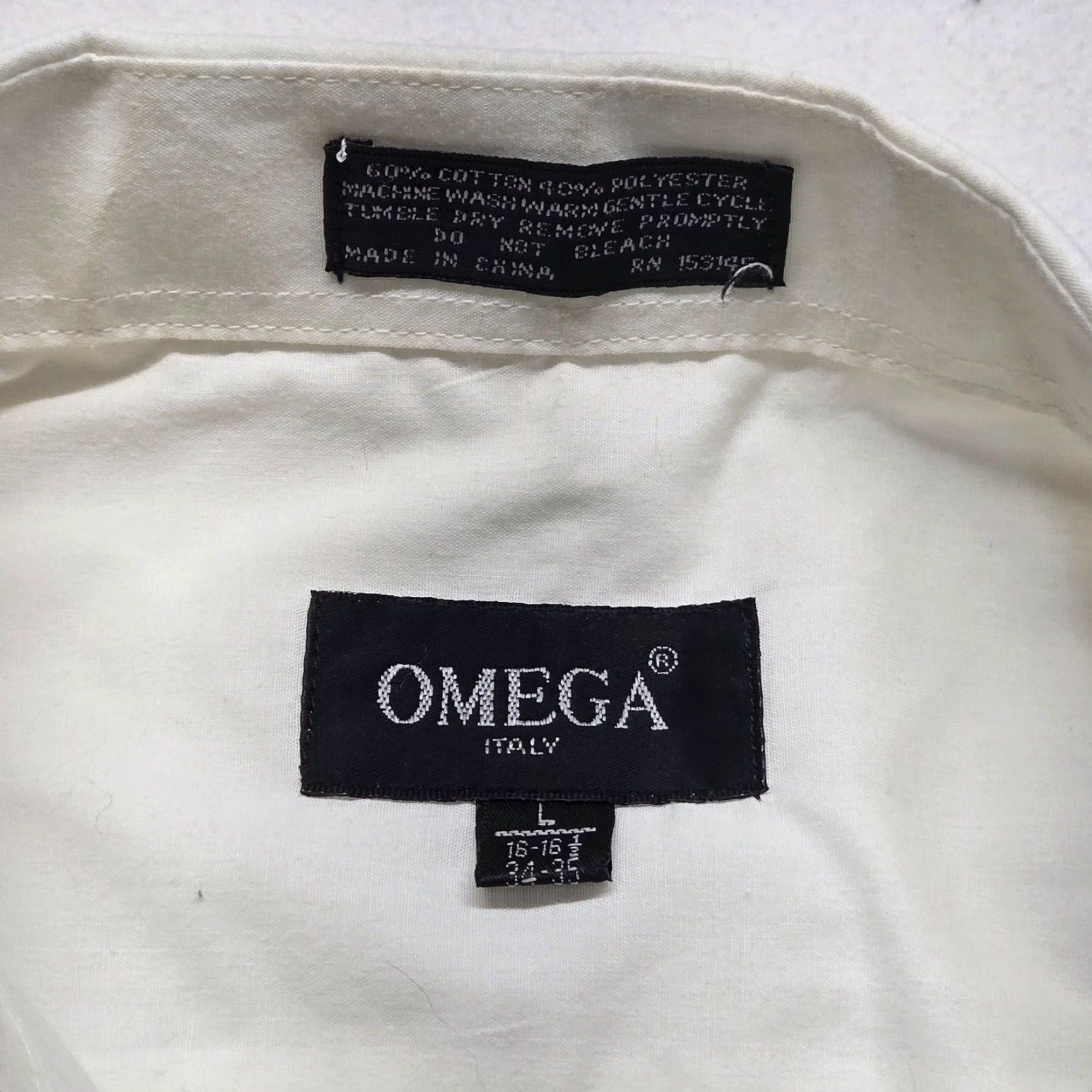 Omega VINTAGE Omega Shirt Regular White 16-16.5 L Mens Long Sleeve Dress Shirt Button Up 60/40 Cotton-Poly Convertible Cuff Size 42R - 3 Thumbnail