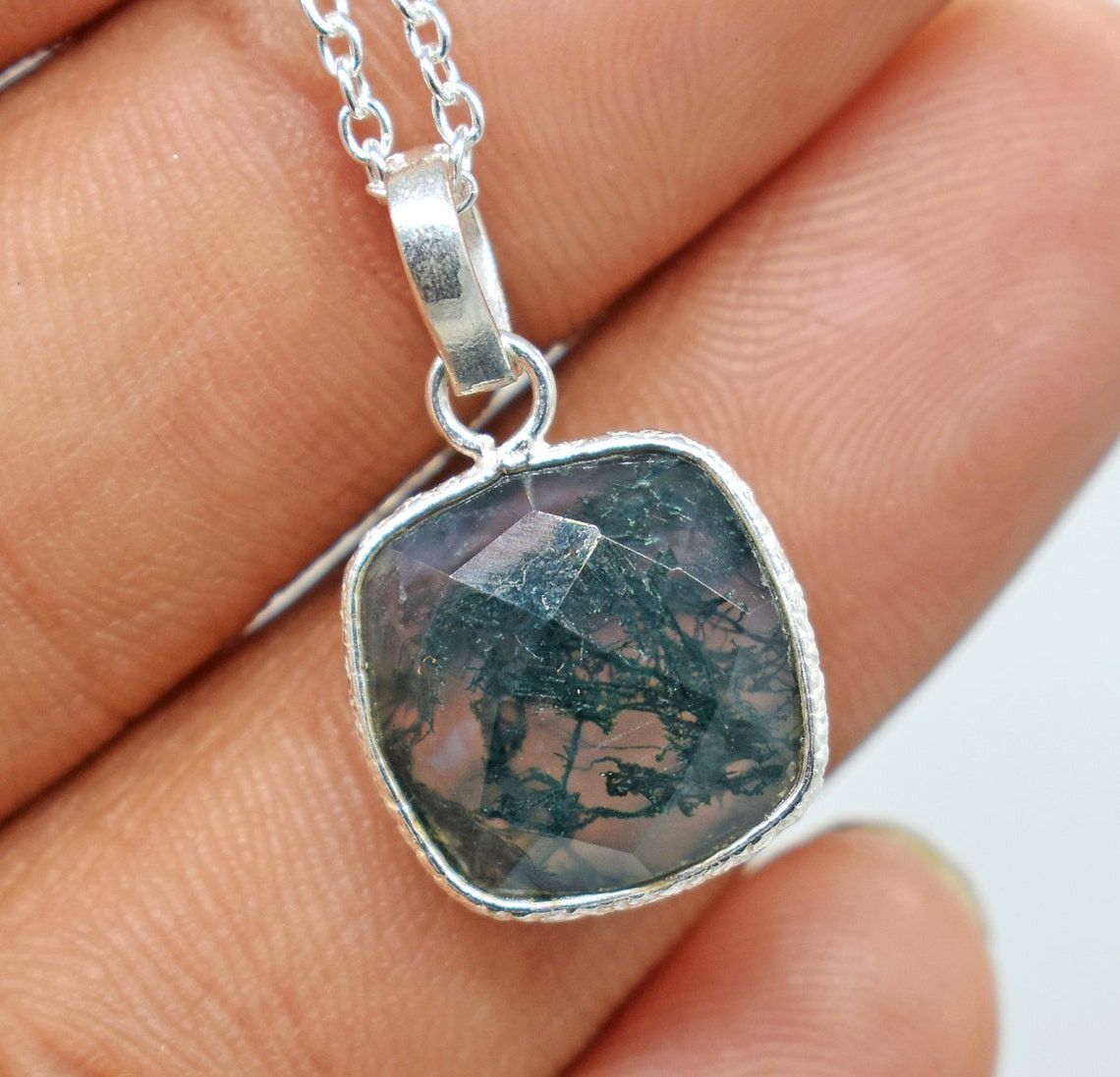 Handmade Moss Agate 925 Sterling Silver Necklace Natural Gem Pendant Size ONE SIZE - 3 Thumbnail
