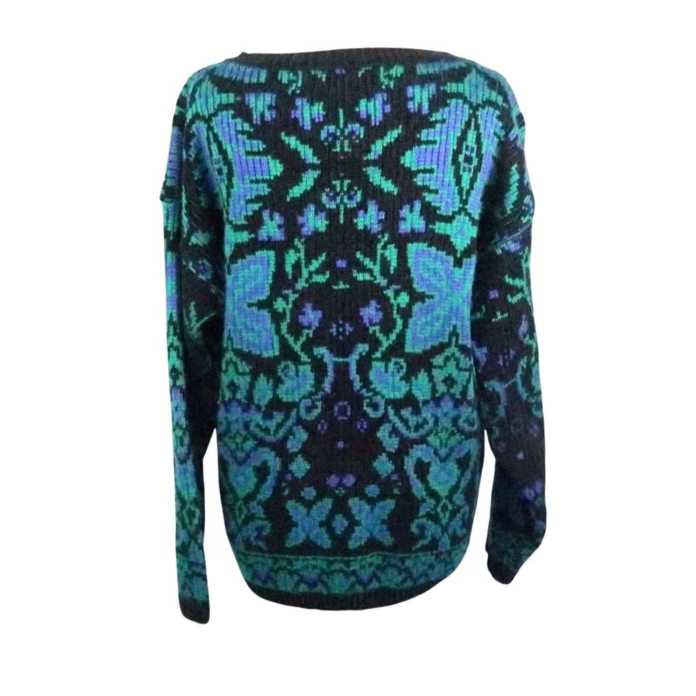 Vintage VINTAGE Carducci Sweater Womens 80s Floral Knit Acrylic Long Sleeve L Black Green Blue Bohemian Fall Winter Pullover Size L / US 10 / IT 46 - 4 Thumbnail