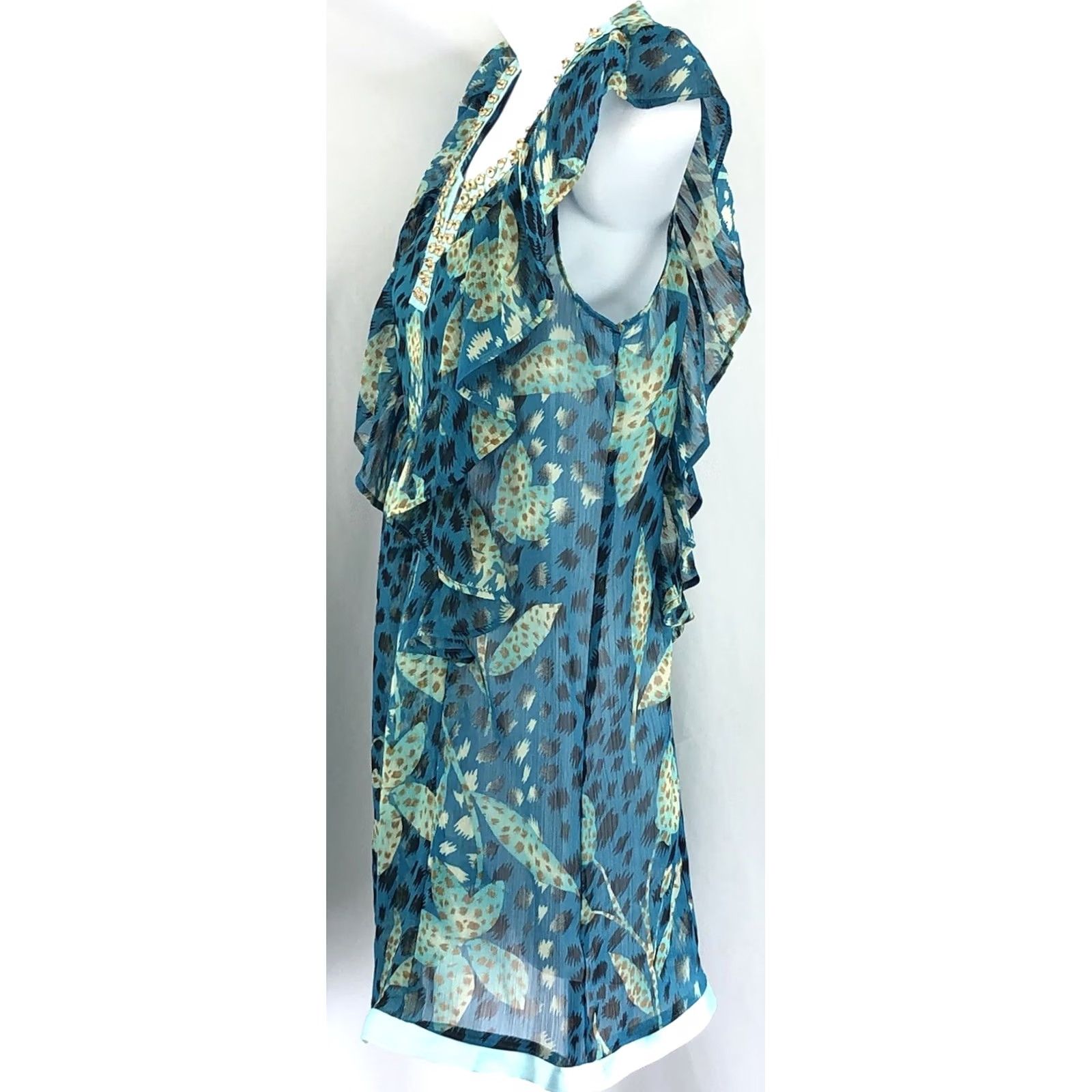 Vintage VINTAGE NY Collection Blouse Shirt S Blue Floral Beads Ruffles Satin Trim Chiffon Bohemian Hippie Size S / US 4 / IT 40 - 2 Thumbnail