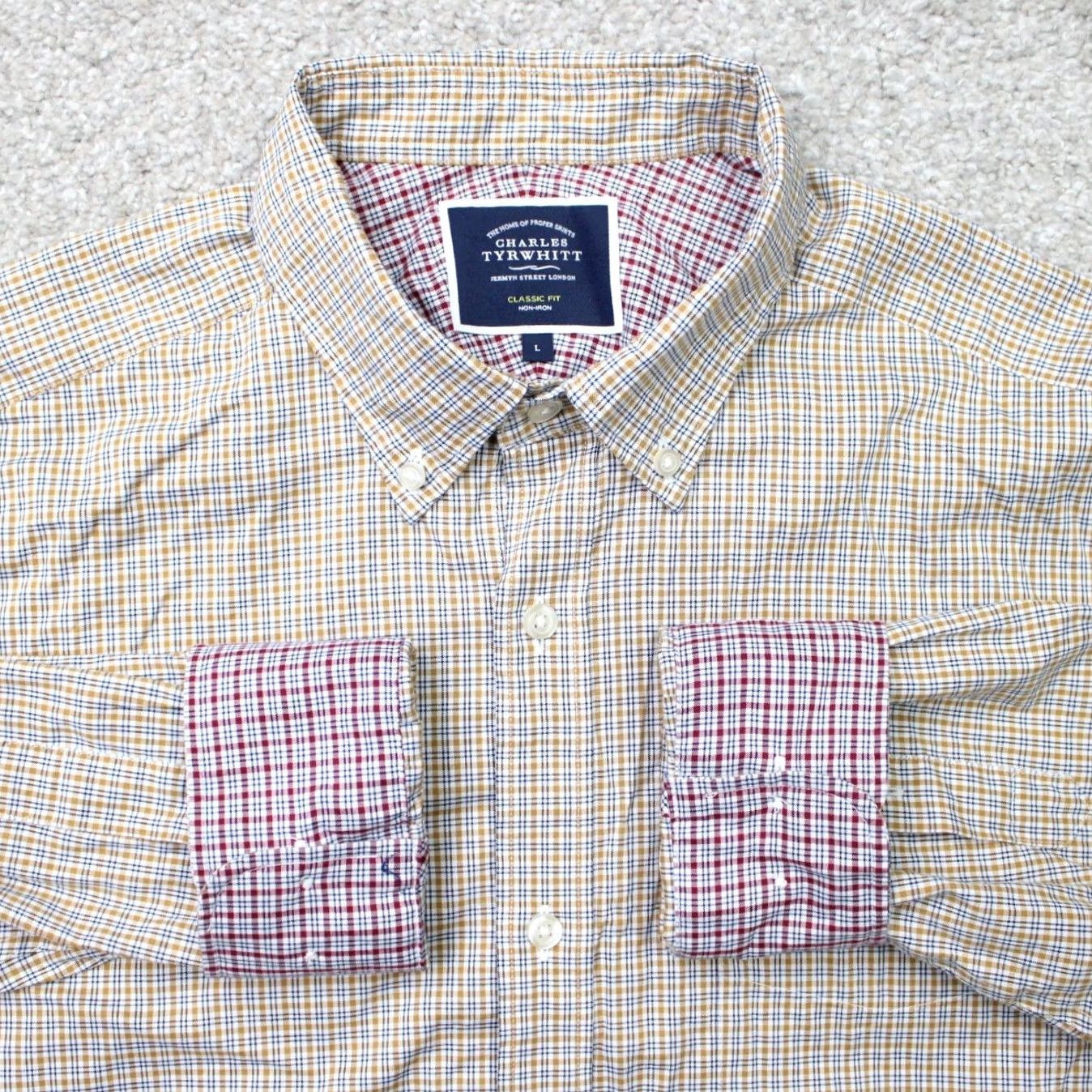 Charles Tyrwhitt Charles Tyrwhitt Shirt Mens Large Beige Blue Red Check Button-Down Long Sleeve Slim Classic Fit Built-In Non-Iron Size US L / EU 52-54 / 3 - 2 Thumbnail