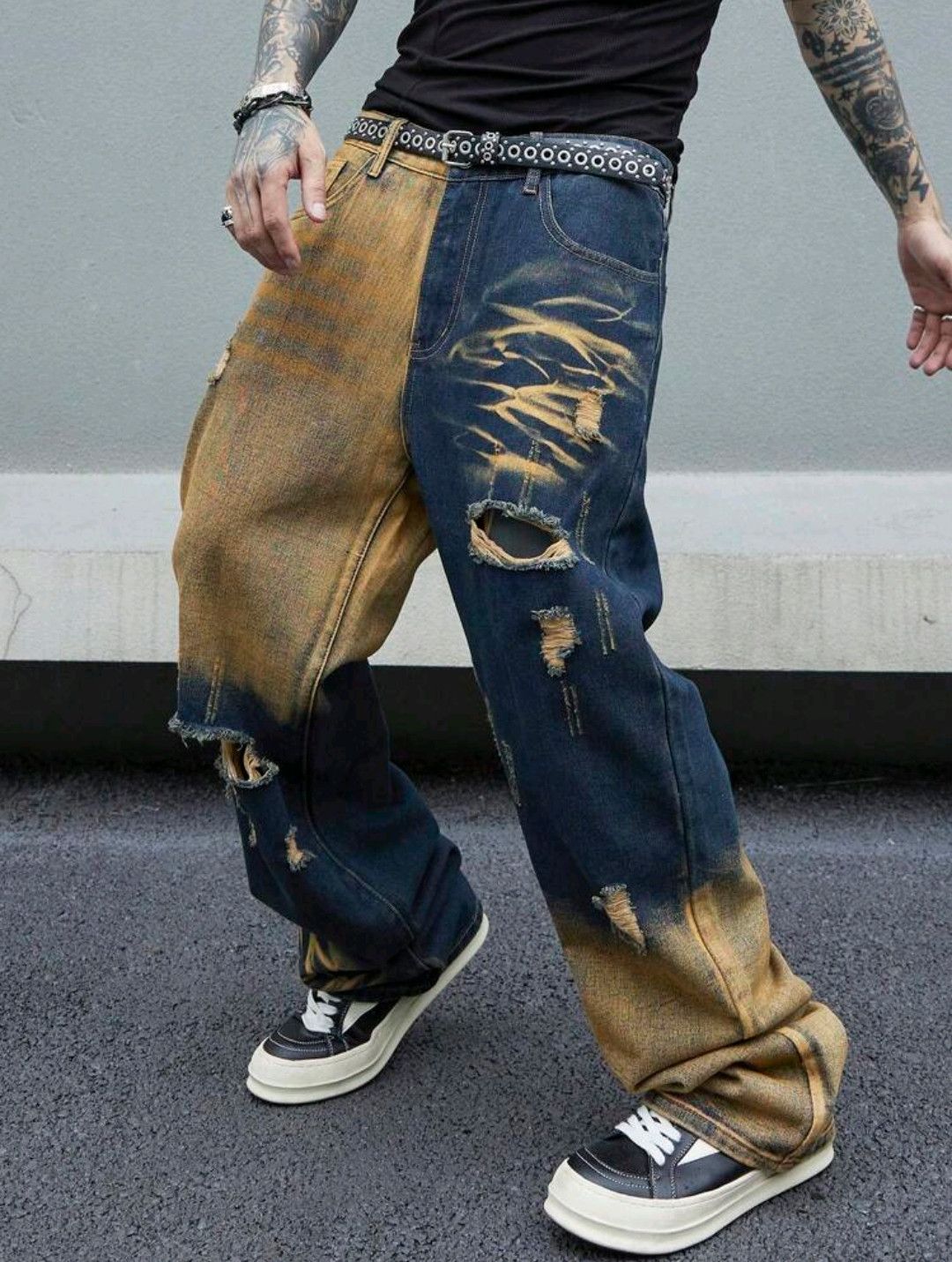 Japanese Brand × Jean Y2K Ripped Blue Yellow Straight Leg Loose Jeans sh Size US 35 - 3 Thumbnail