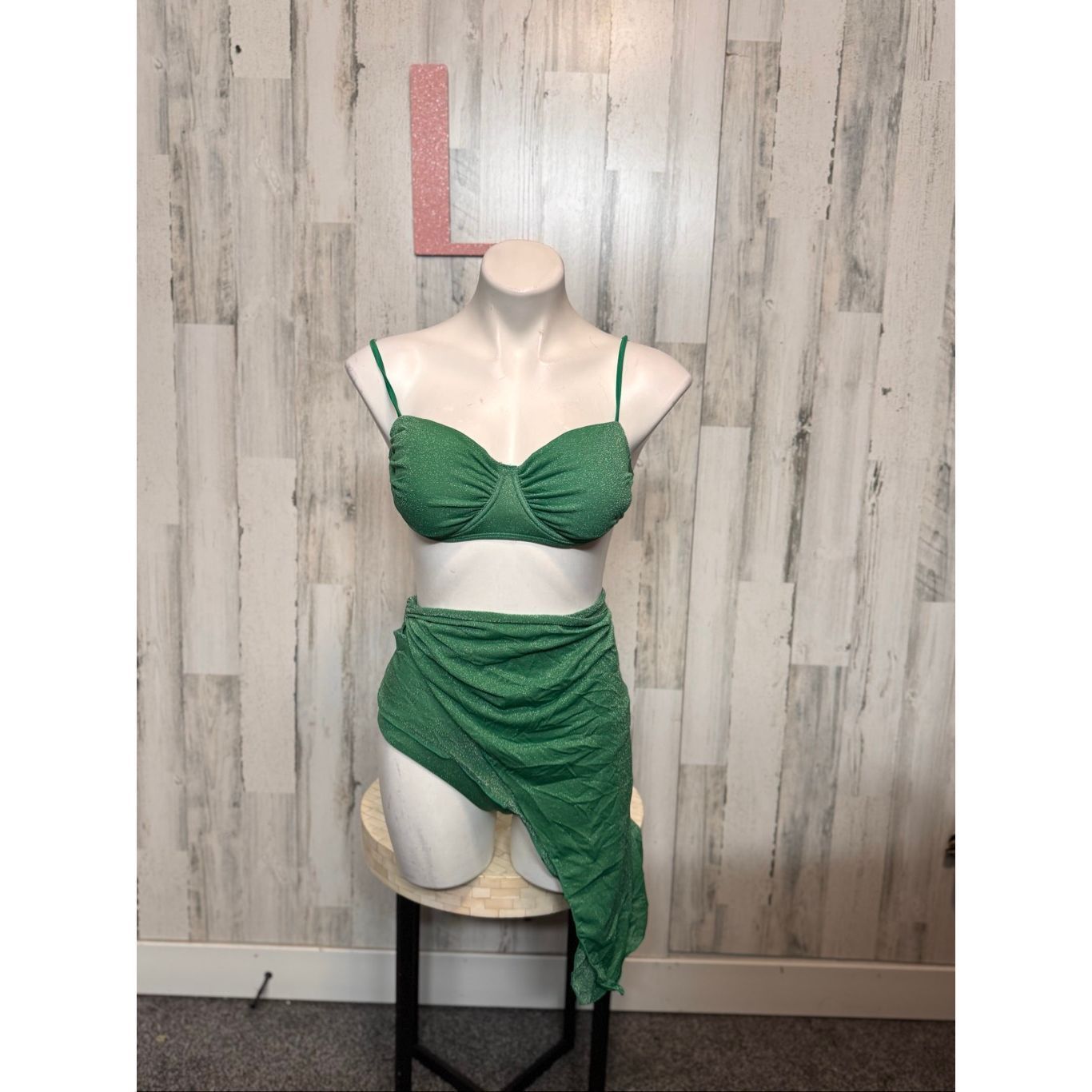 Other Green Sparkle 3-Piece Bikini Set Women’s Size L | Ruched Top + Bottoms + Sarong Cover Up Swimwear Size ONE SIZE - 2 Thumbnail