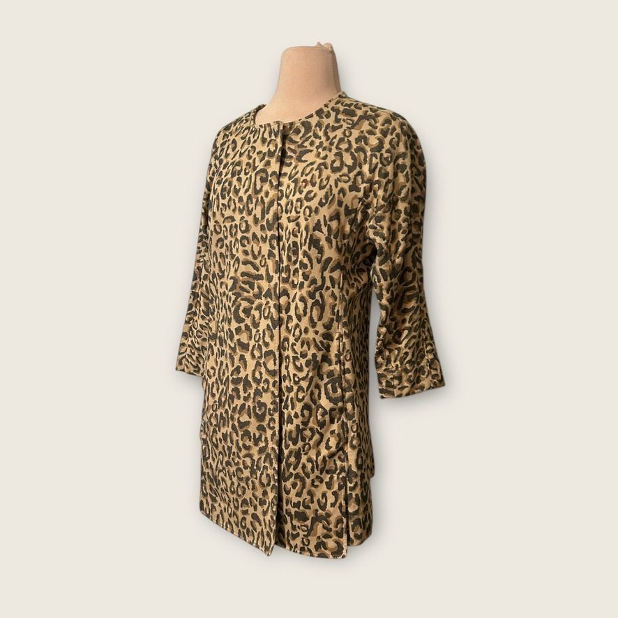 Anthropologie Leopard Coat Jacket Small Midi Twill 3/4 Sleeves Simple Coll Size S / US 4 / IT 40 - 2 Thumbnail