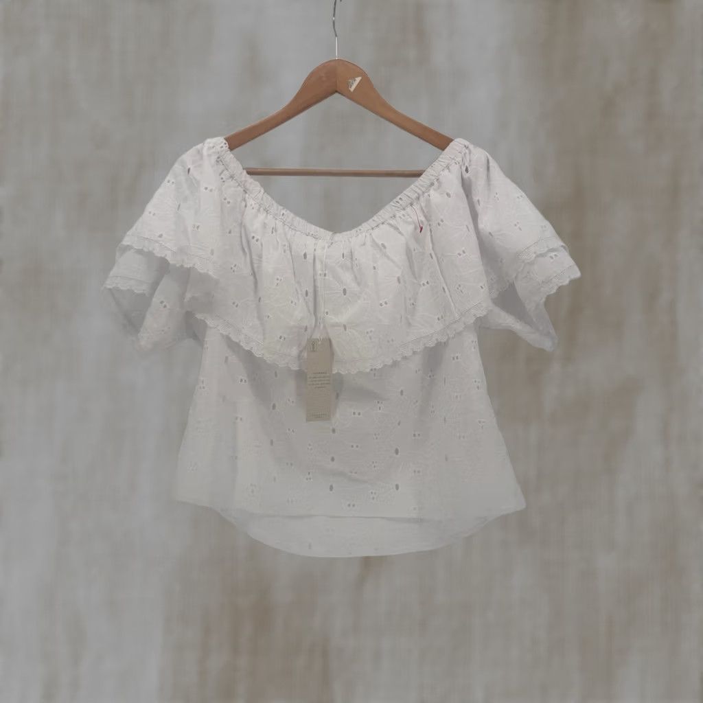 Vintage Calypso St Barth White Cotton Eyelet Flutter Sleeve Top Boho Ruffle Layered M Women Size M / US 6-8 / IT 42-44 - 1 Thumbnail