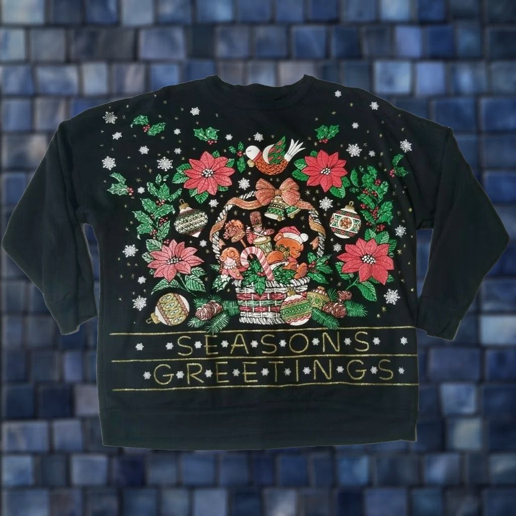 Vintage Land n' Sea Christmas Sweatshirt Womens M Crewneck Pullover Black Glitter Graphics Wool/Activewear N/A Size M / US 6-8 / IT 42-44 - 1 Thumbnail