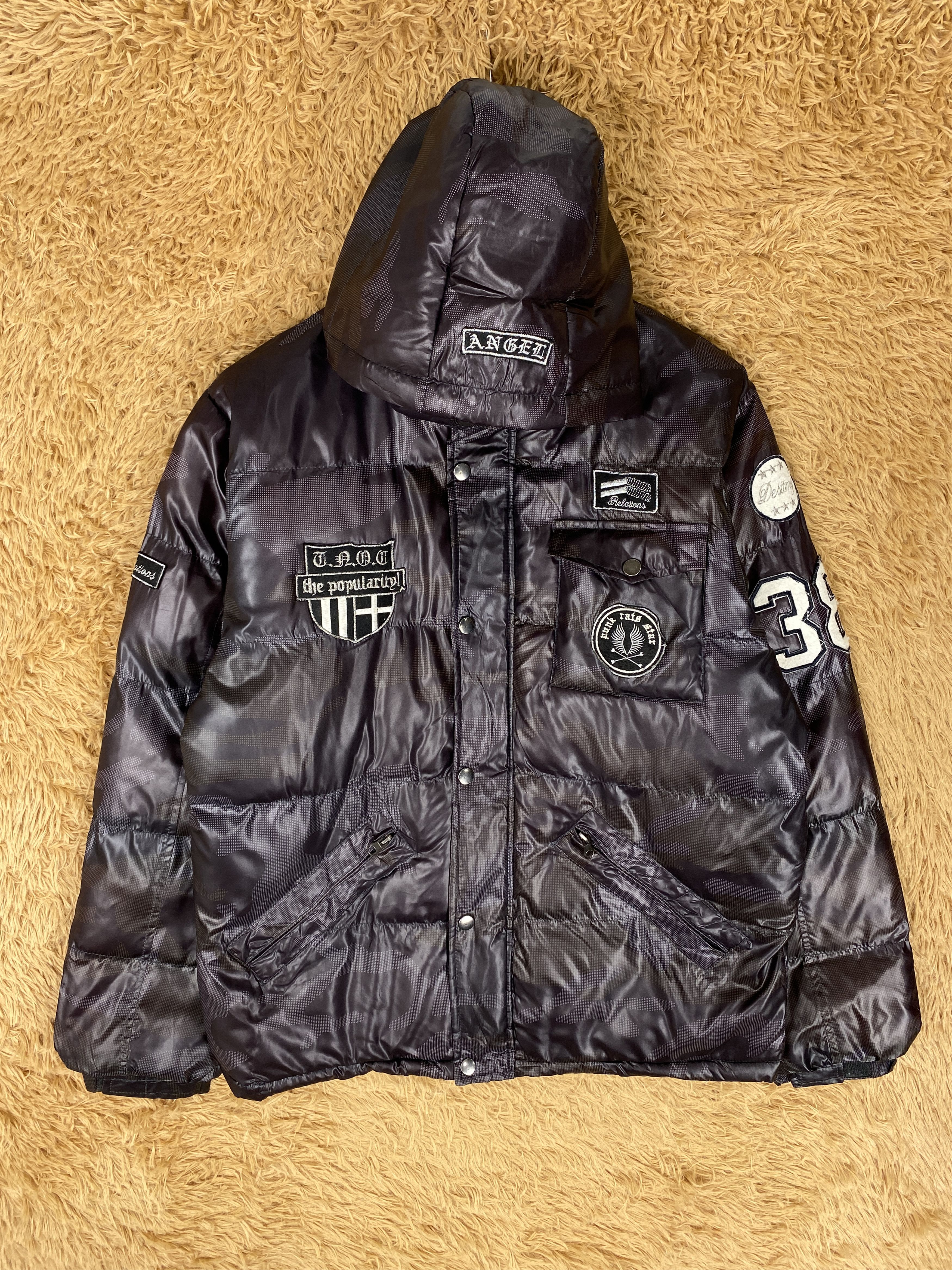 image of Vintage Craft Works Puffer Patches Hoodie Jacket in Dark Brown, Men's (Size Small)