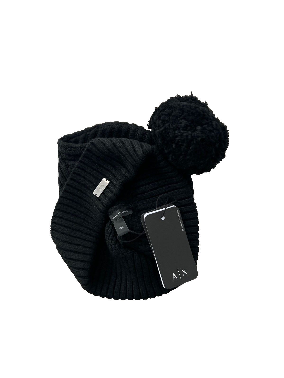 Armani Exchange Armani Exchange A/X Knit Rib Pom Beanie Hat Black ( O/S ) Size ONE SIZE - 2 Thumbnail