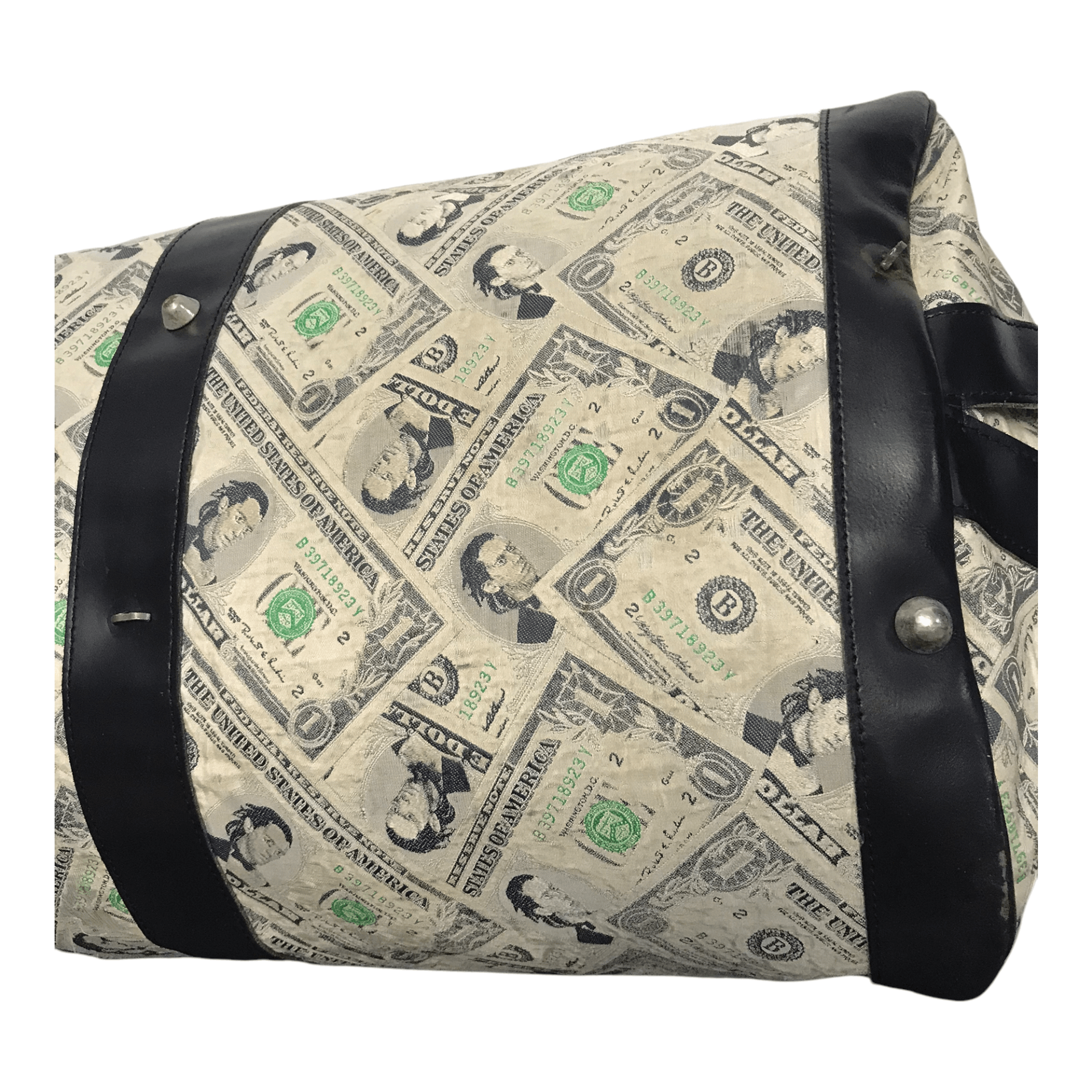 Jeremy Scott × Vintage Vintage Jeremy Scott Printed Money Half Leather Duffle Bag Size ONE SIZE - 3 Thumbnail