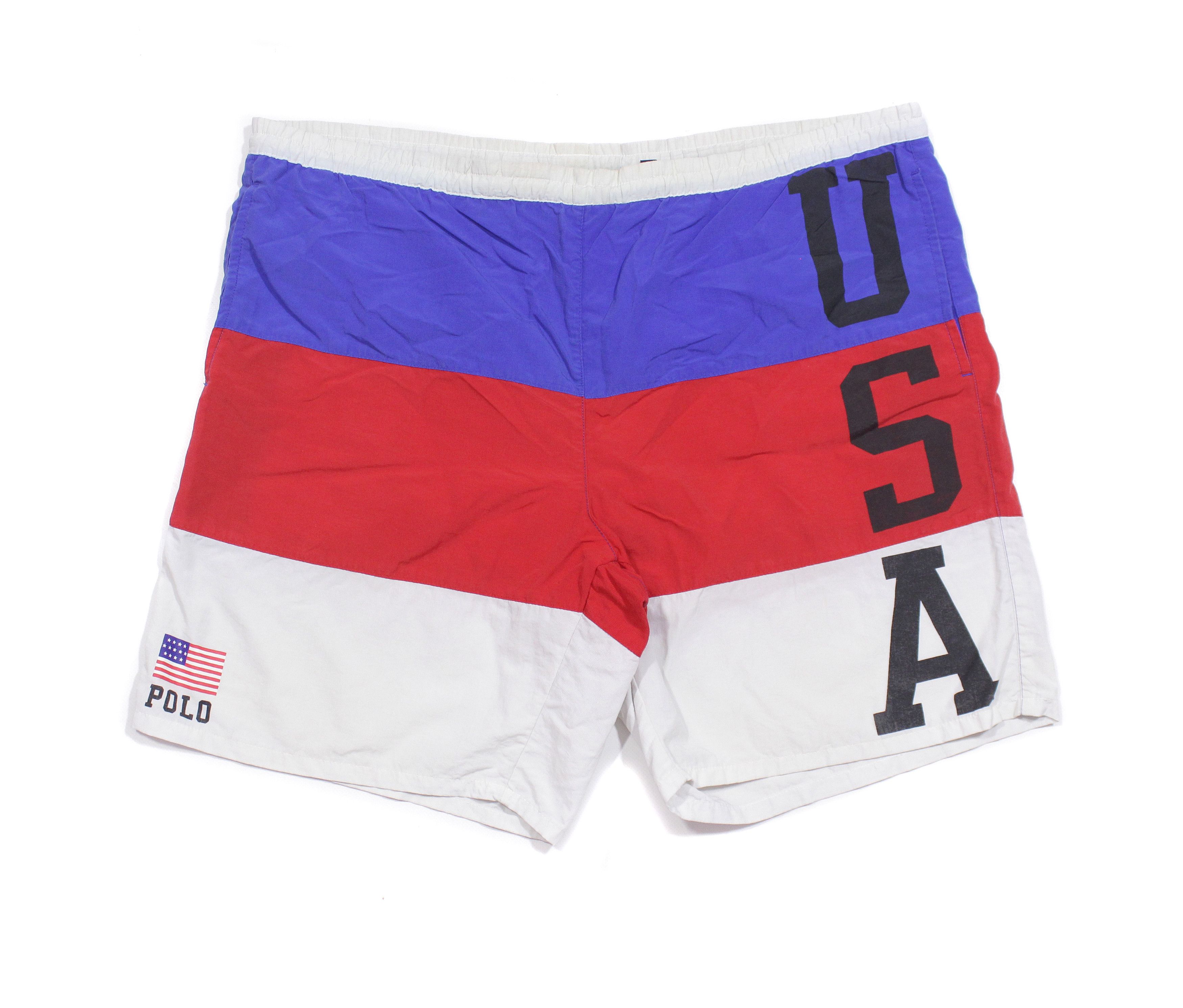 Polo Ralph Lauren 90S Iconic USA Big Logo Flag Nylon Swim Shorts Vintage Size US 34 / EU 50 - 1 Thumbnail