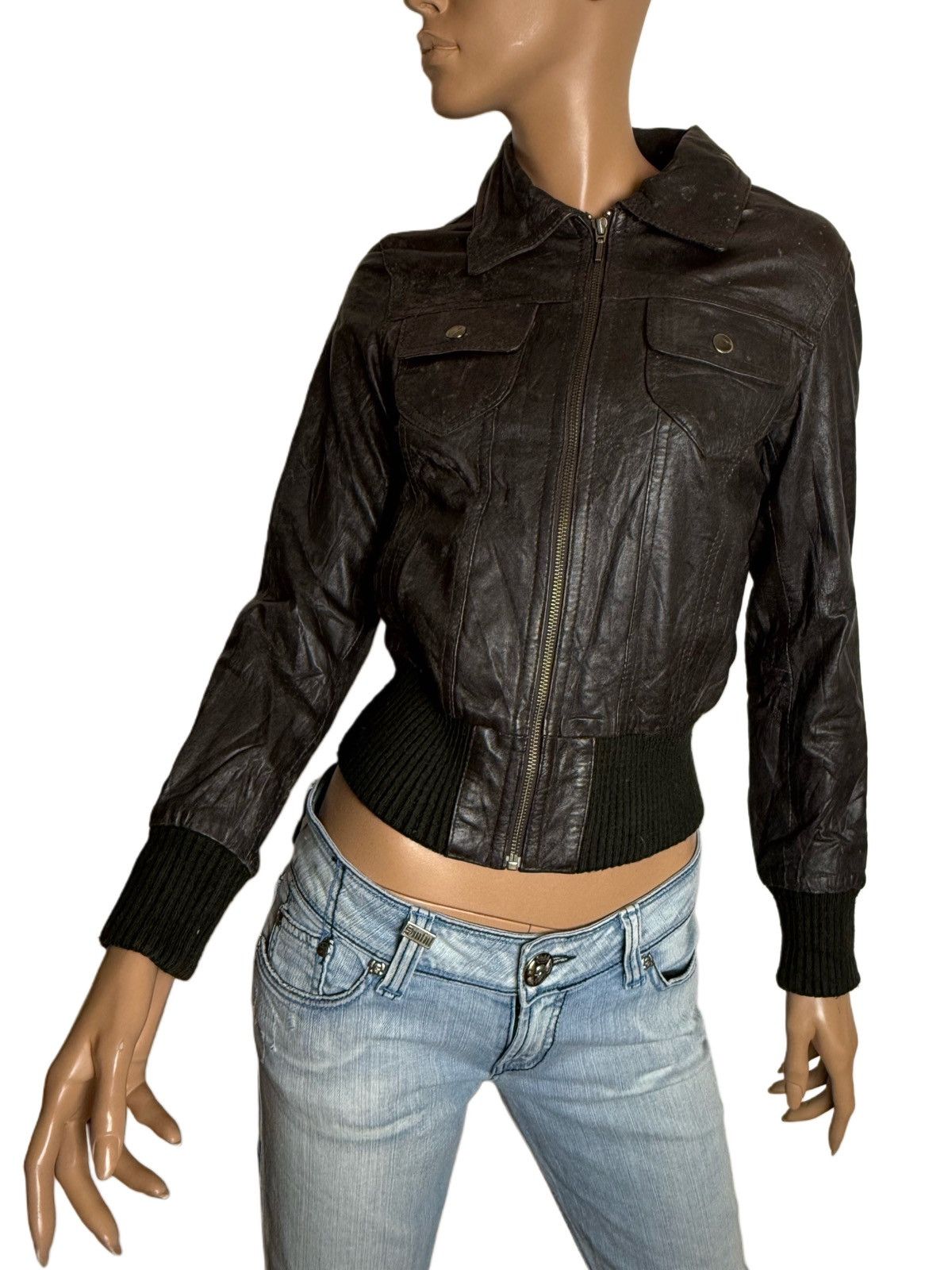 Other Y2K Vintage Leather Bomber Jacket Cropped Fitted 2000s Indie Size S / US 4 / IT 40 - 1 Thumbnail