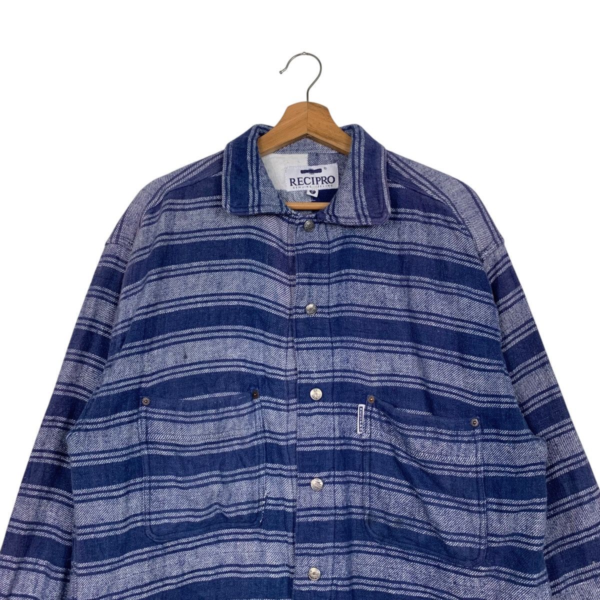 Vintage 90's RECIPRO Blue Stiped Flannel Jacket #2779-C125 Size US L / EU 52-54 / 3 - 2 Thumbnail