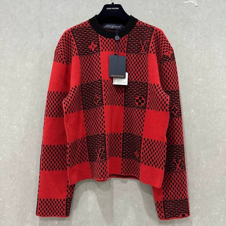 Louis Vuitton Logo Plaid Jacquard Crew Neck Pullover Long