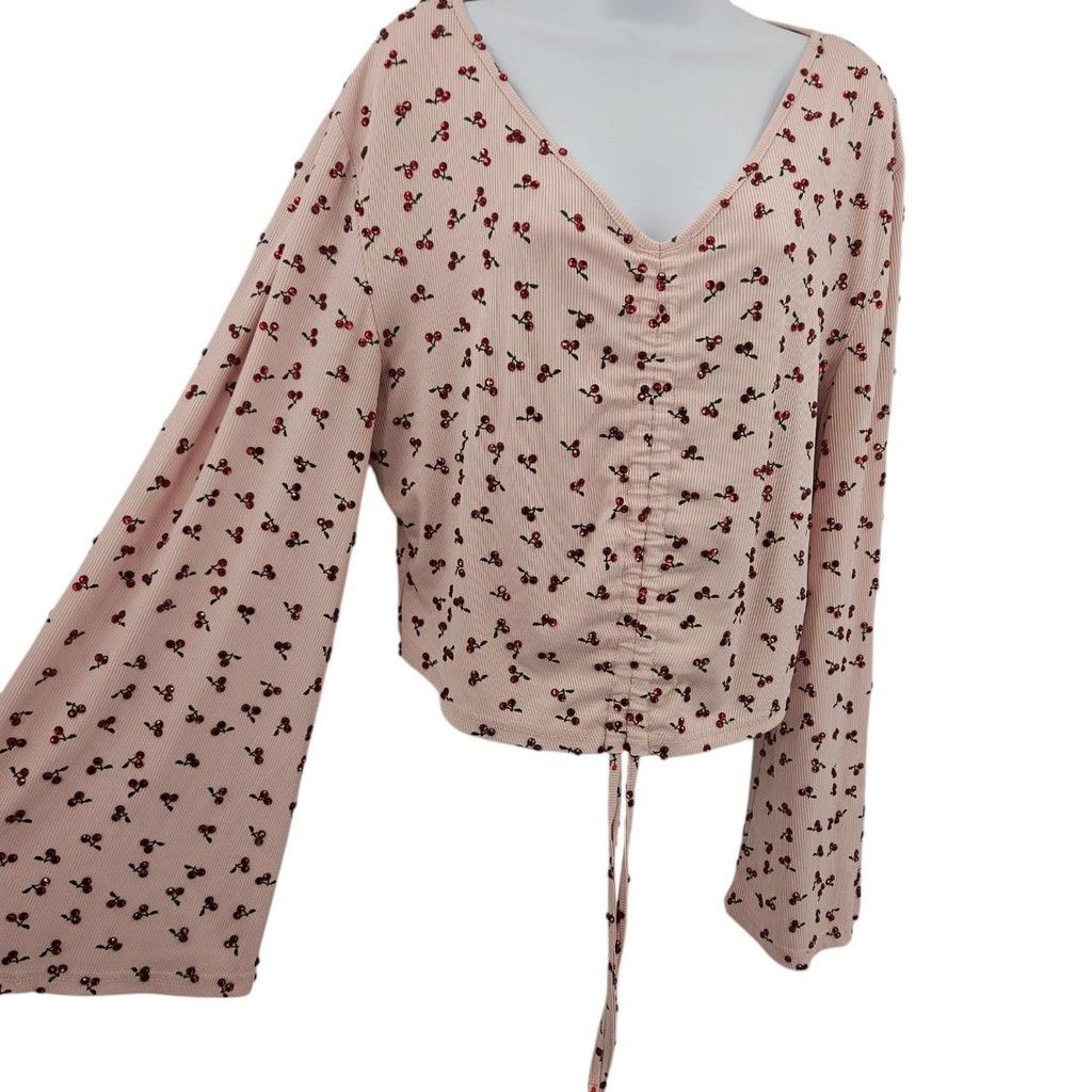 Shein Hand-Rhinestoned Pink Cherry Print Ruched Blouse Size 4XL / US 24-26 - 4 Thumbnail
