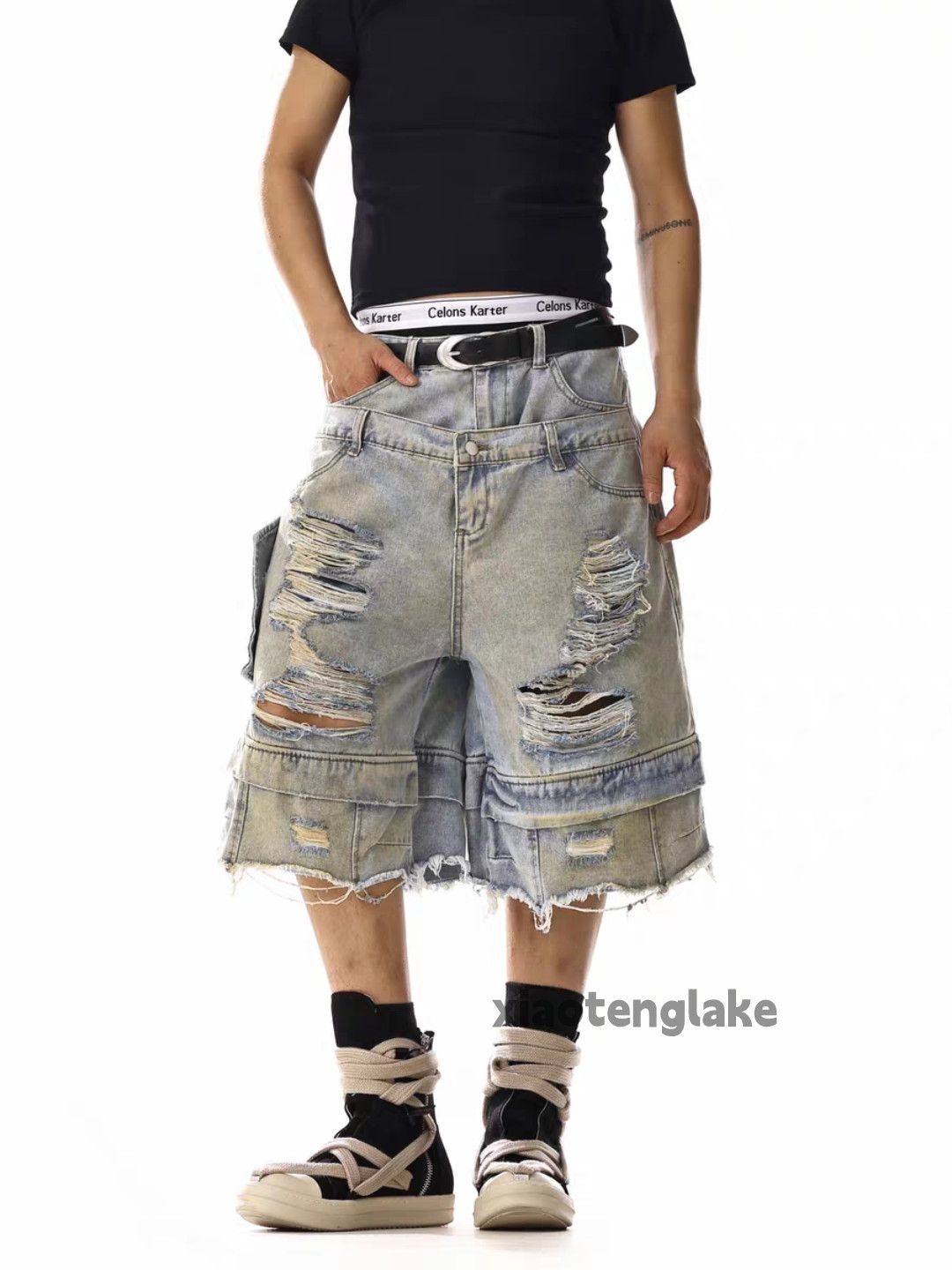 Designer × Jean × Vintage Utility skate hiphop loose baggy patchwork ripped shorts Size US 30 / EU 46 - 1 Thumbnail