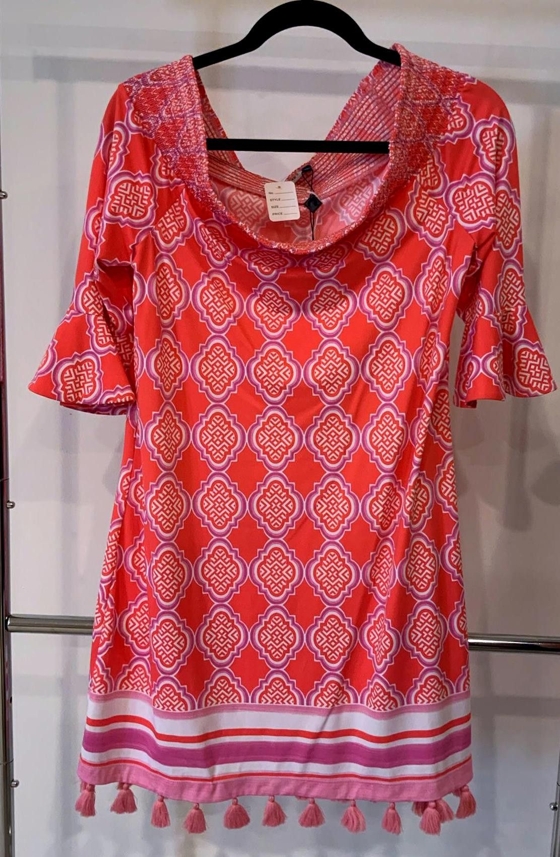 Designer Cabana Life Pink Patterned Dress with Tassels Size L / US 10 / IT 46 - 1 Thumbnail