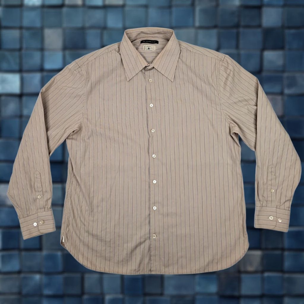 John Varvatos John Varvatos Superfine Cotton Button-Up Shirt Men L Beige Plaid Striped 17.5 46 in Vintage No Size US L / EU 52-54 / 3 - 1 Thumbnail